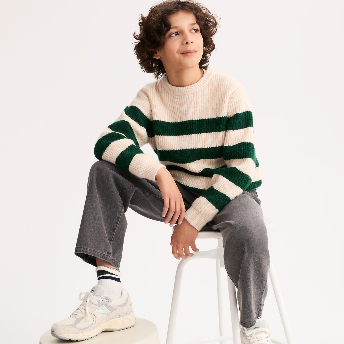 Pull col rond rayé, en grosse maille rayé vert, LA REDOUTE COLLECTIONS