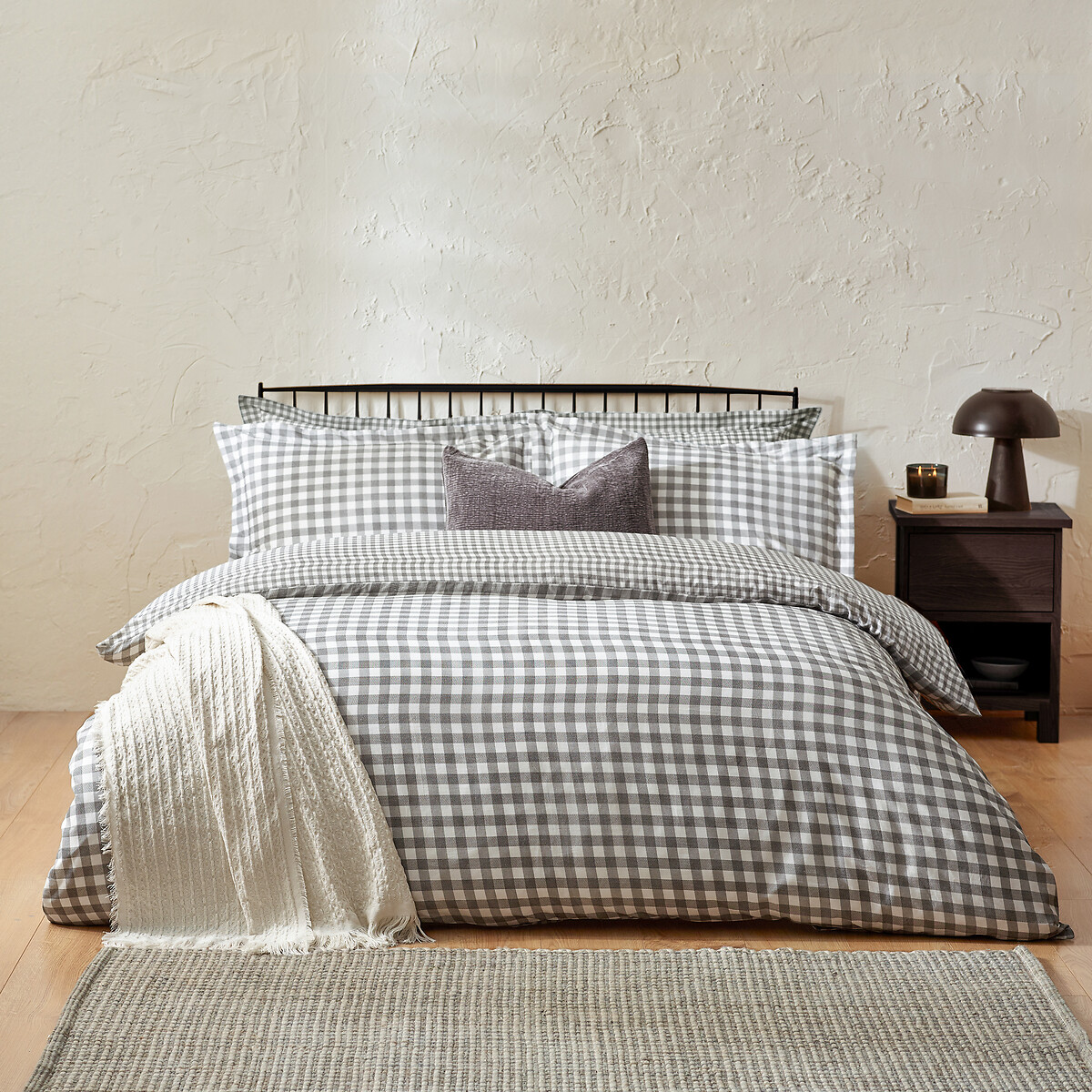 Barton Cotton Gingham Check Duvet Cover and Pillowcase Set grey, YARD