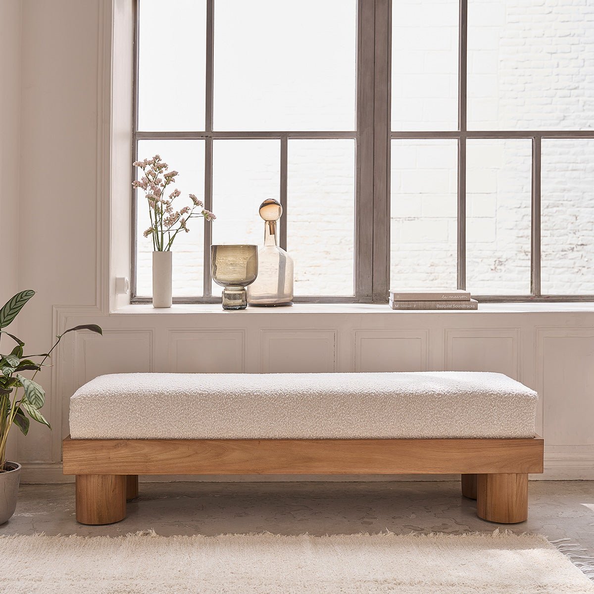 Banc en bois de teck et tissu bouclette 140 cm THÉODORE naturel, BERAH GETAH