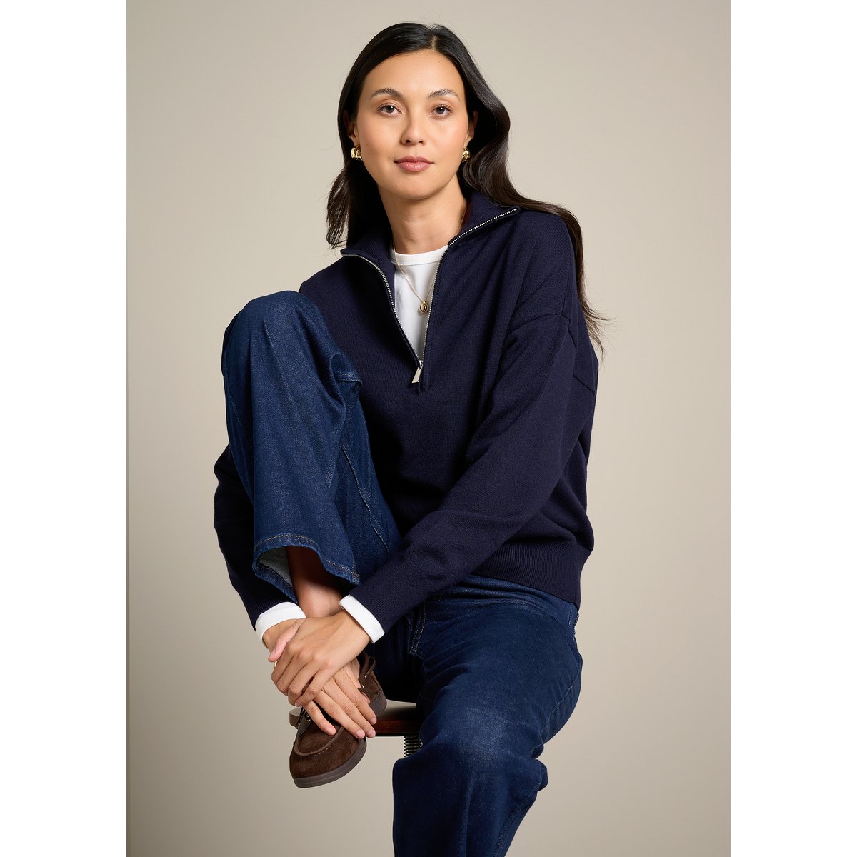Pull col montant zippé bleu marine, LOLALIZA
