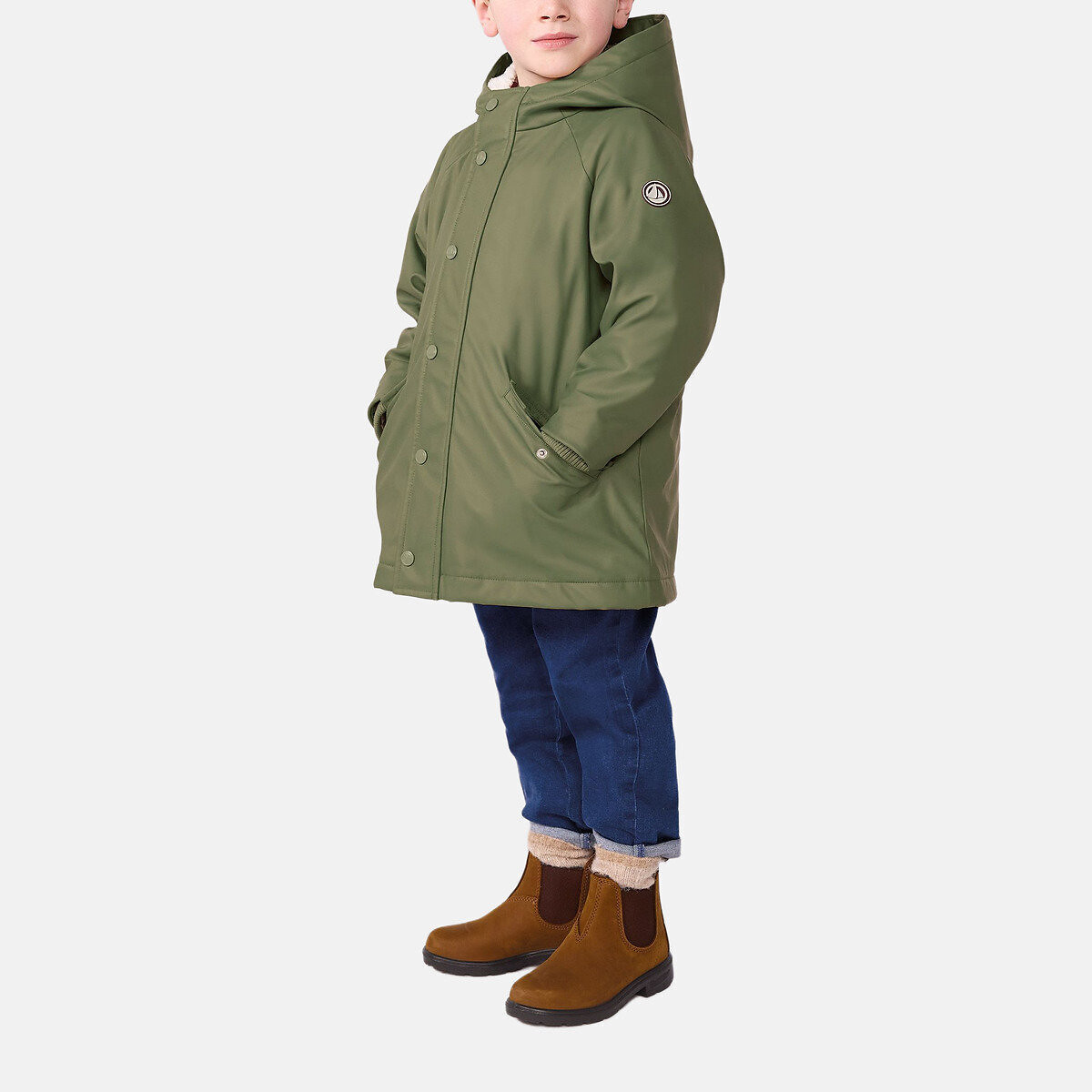 Giacca impermeabile invernale foderata, a tinta unita, con cappuccio kaki, PETIT BATEAU