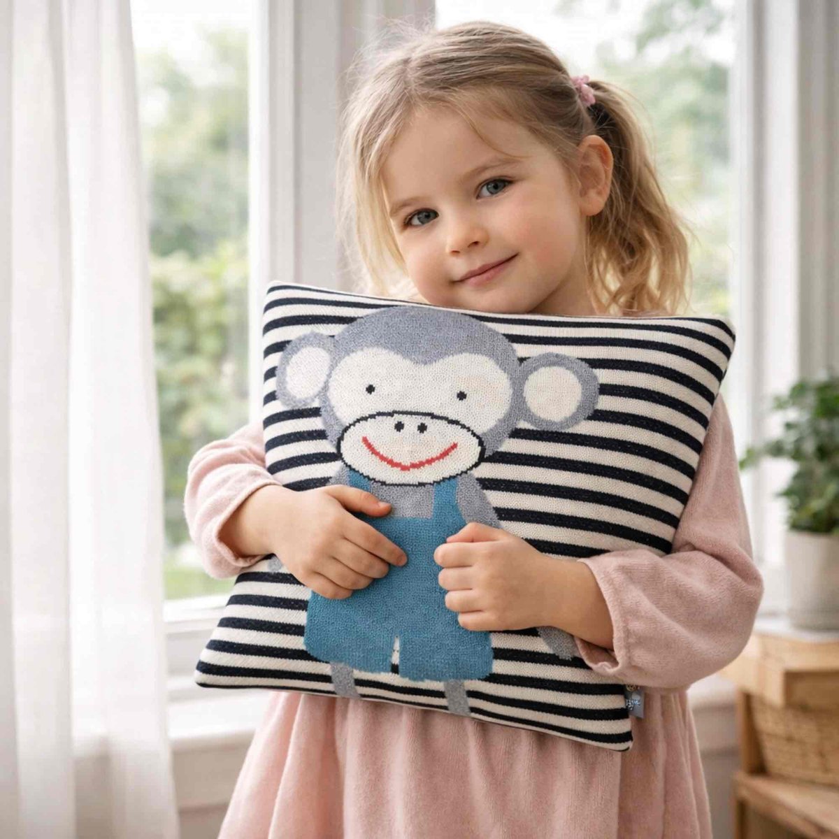 Taie de coussin en coton bio tricoté TRICOT gris, singe, SEVIRA KIDS