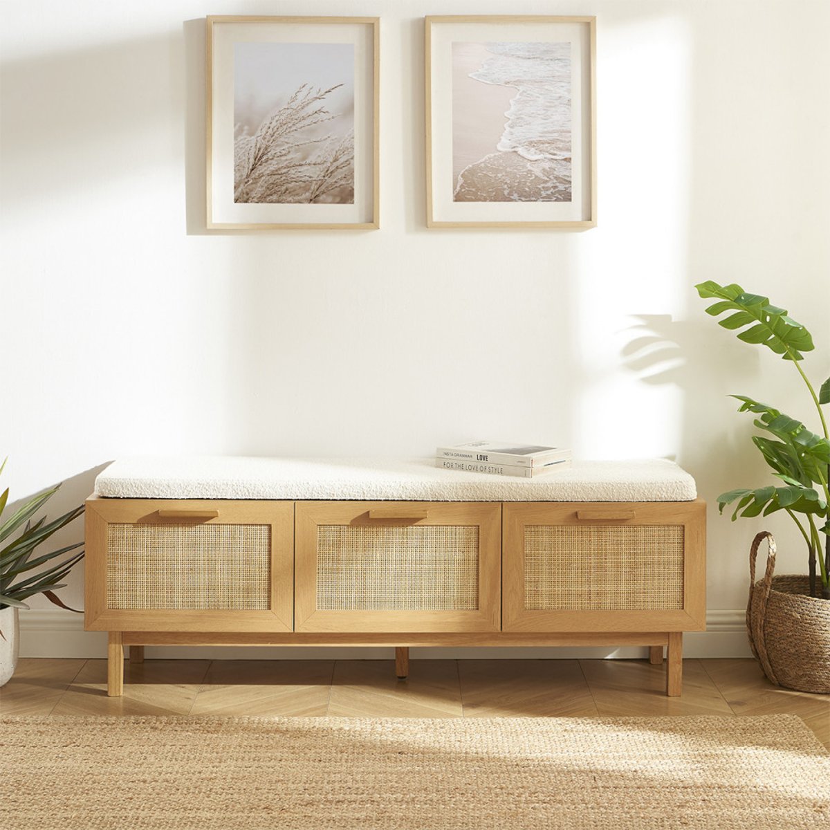 Banc d'entrée avec rangement à chaussures en bois et cannage L140cm- JUNE bois clair, DRAWER