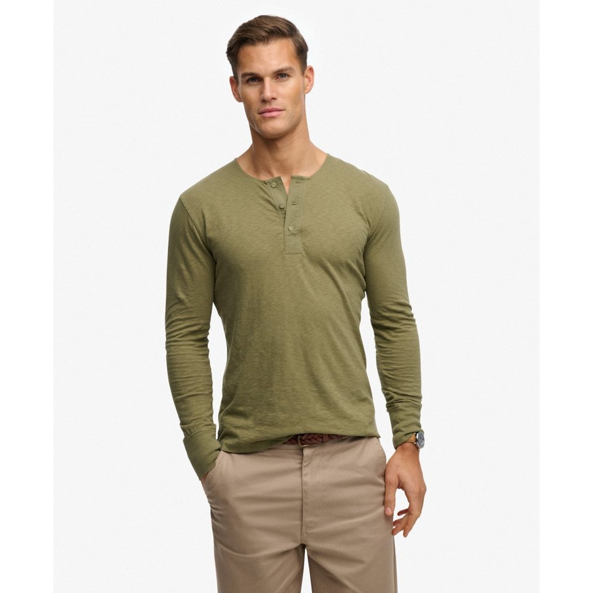 T-shirt Henley Léger The Merchant Store kaki sauvage, SUPERDRY