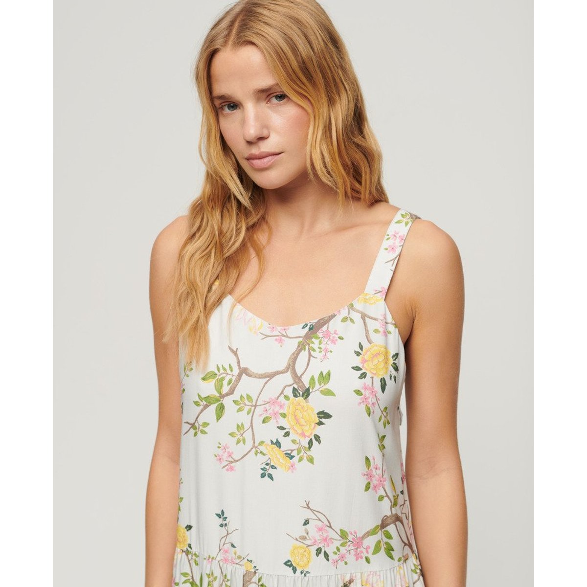 Robe longue tissée à volants gris oiseau fleuri, SUPERDRY