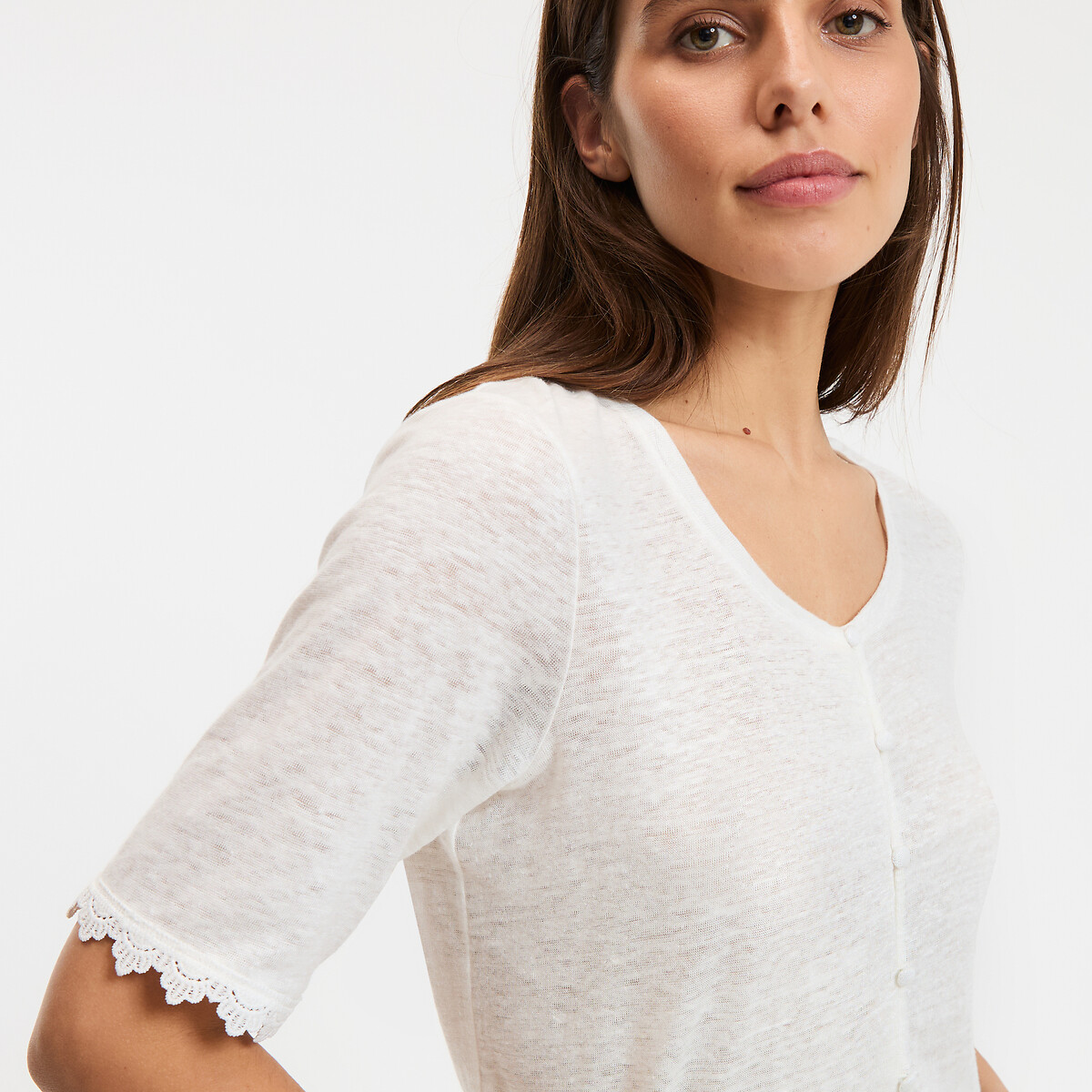 Camiseta de lino de manga corta marfil, LA REDOUTE COLLECTIONS