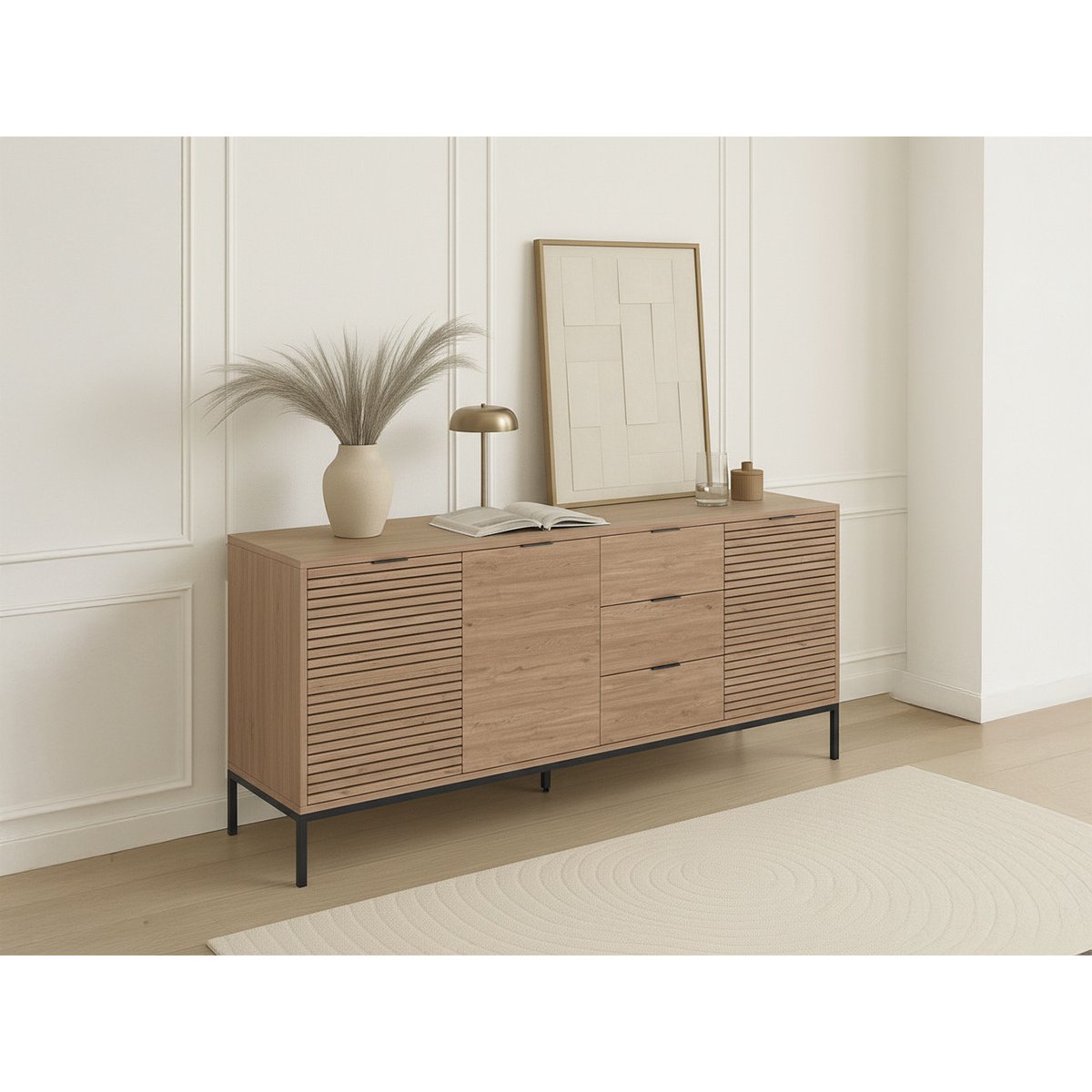 Buffet bas en panneaux de particules 3 portes 3 tiroirs 180 cm, AGATHE marron clair, BOBOCHIC