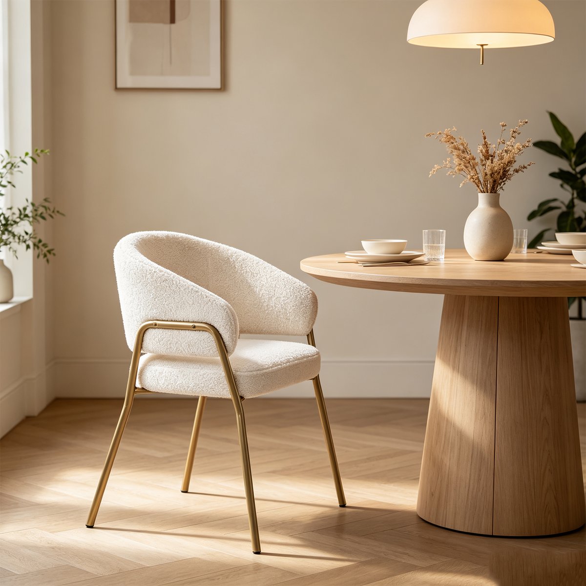 Chaise de salle à manger fauteuil modernes en bouclette, JERRIES blanc, MEUBLES COSY