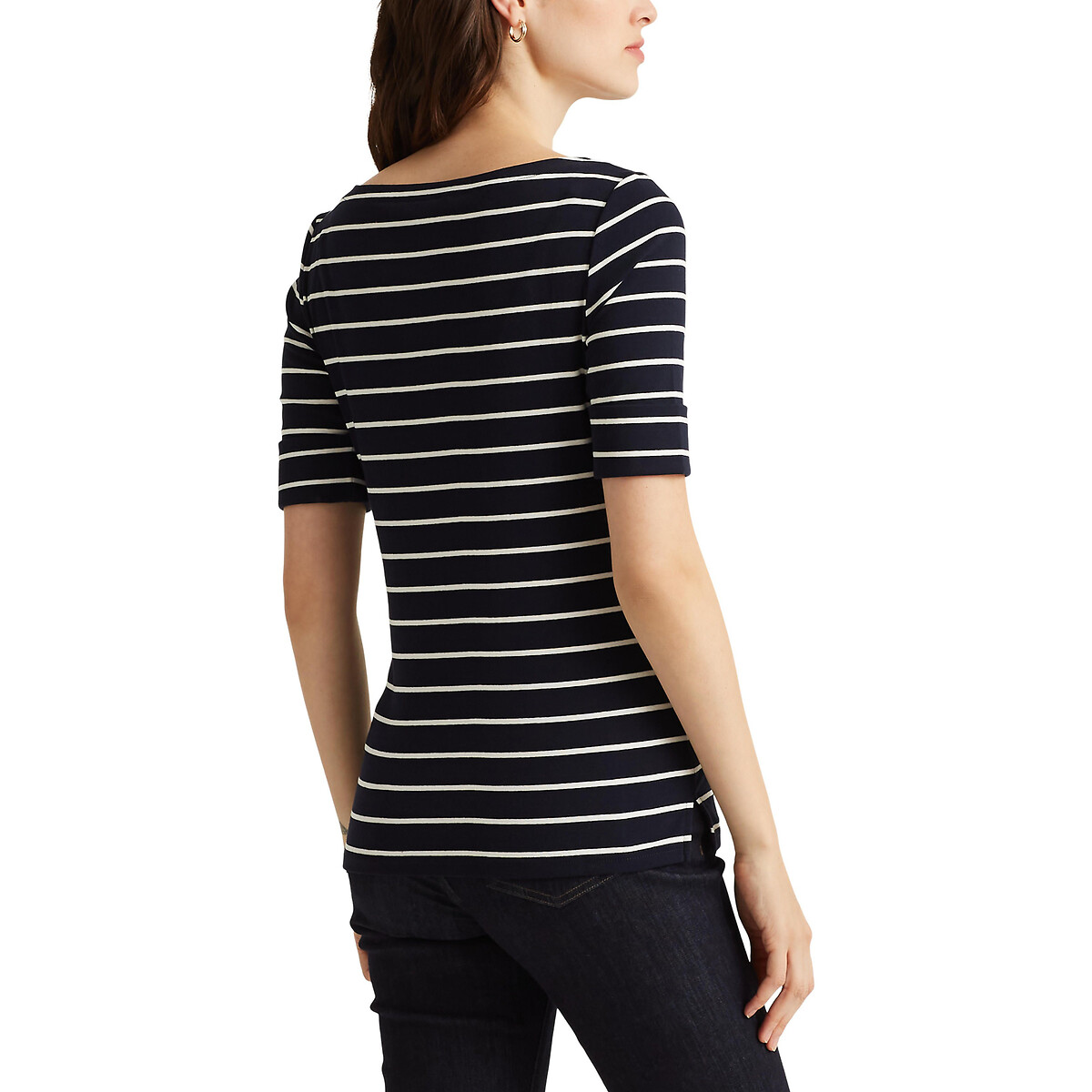 Striped Boat Neck T-Shirt with Short Sleeves navy blue/white, LAUREN RALPH LAUREN