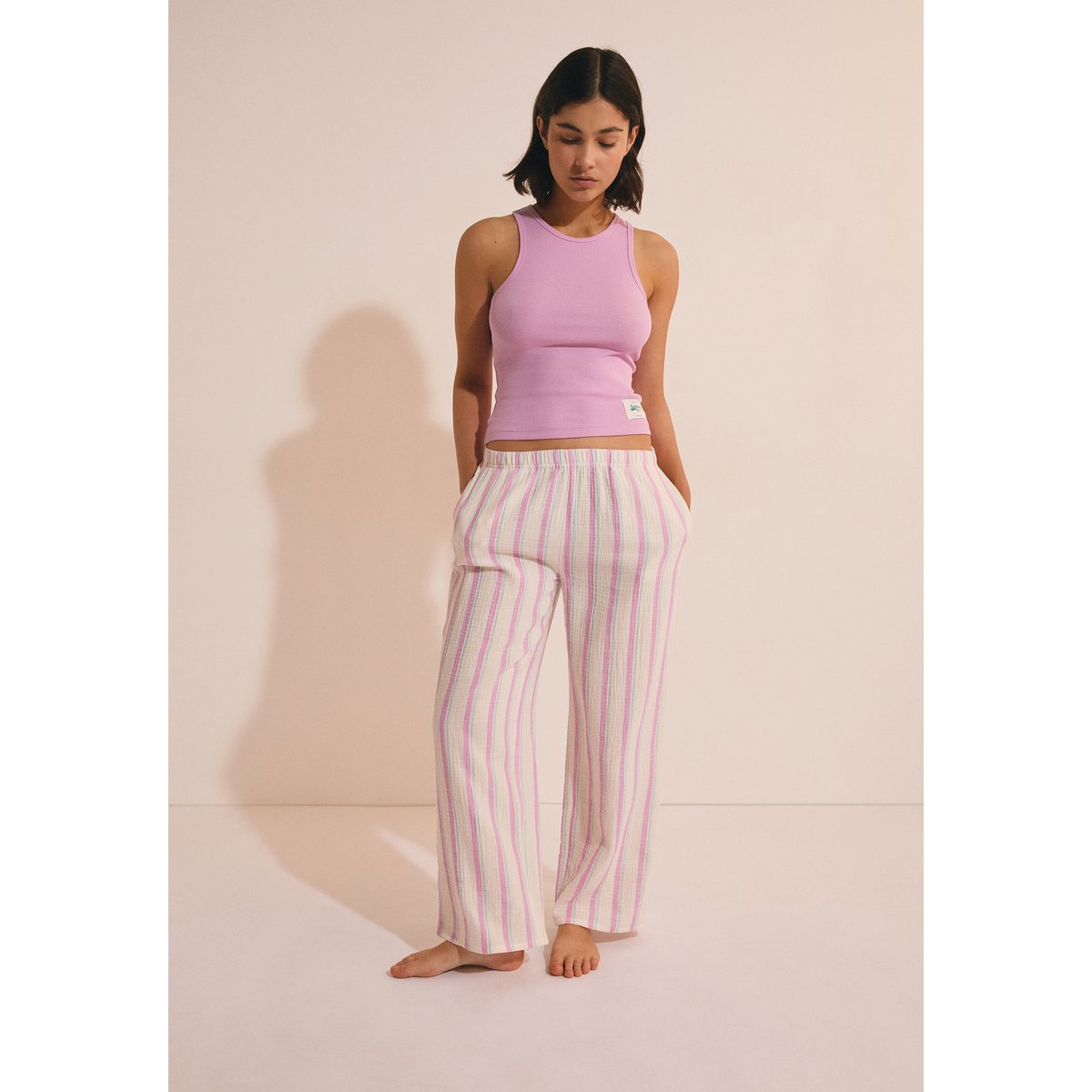 Pantalon de pyjama 7/8 à rayures en gaze de coton ALMIA rose, ETAM