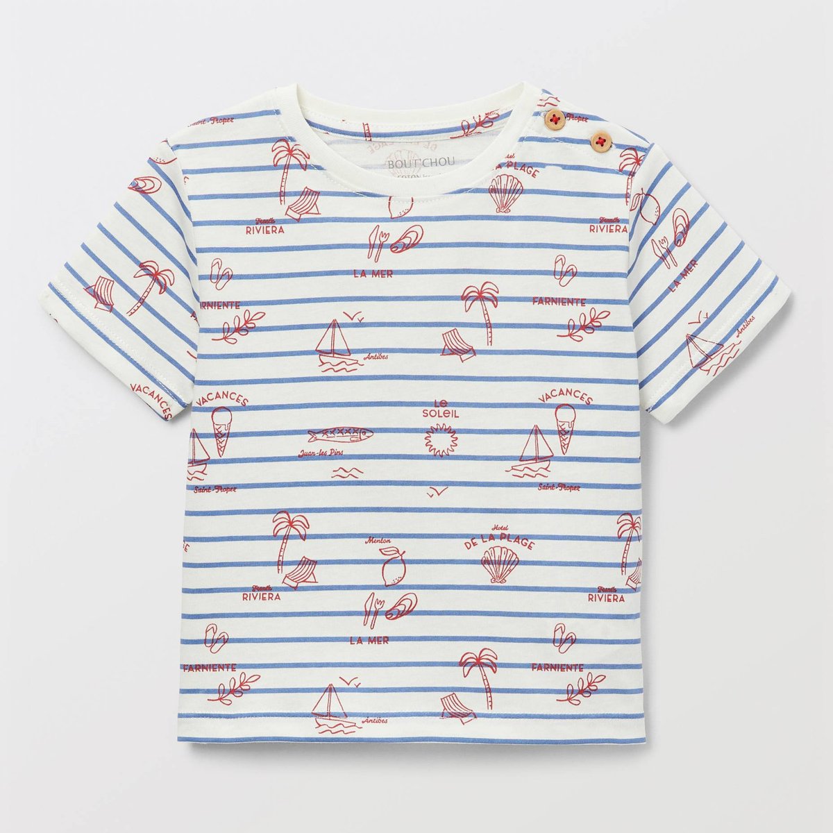 T-shirt manches courtes rayé et imprimé en coton BIO GOTS ecru, BOUT'CHOU