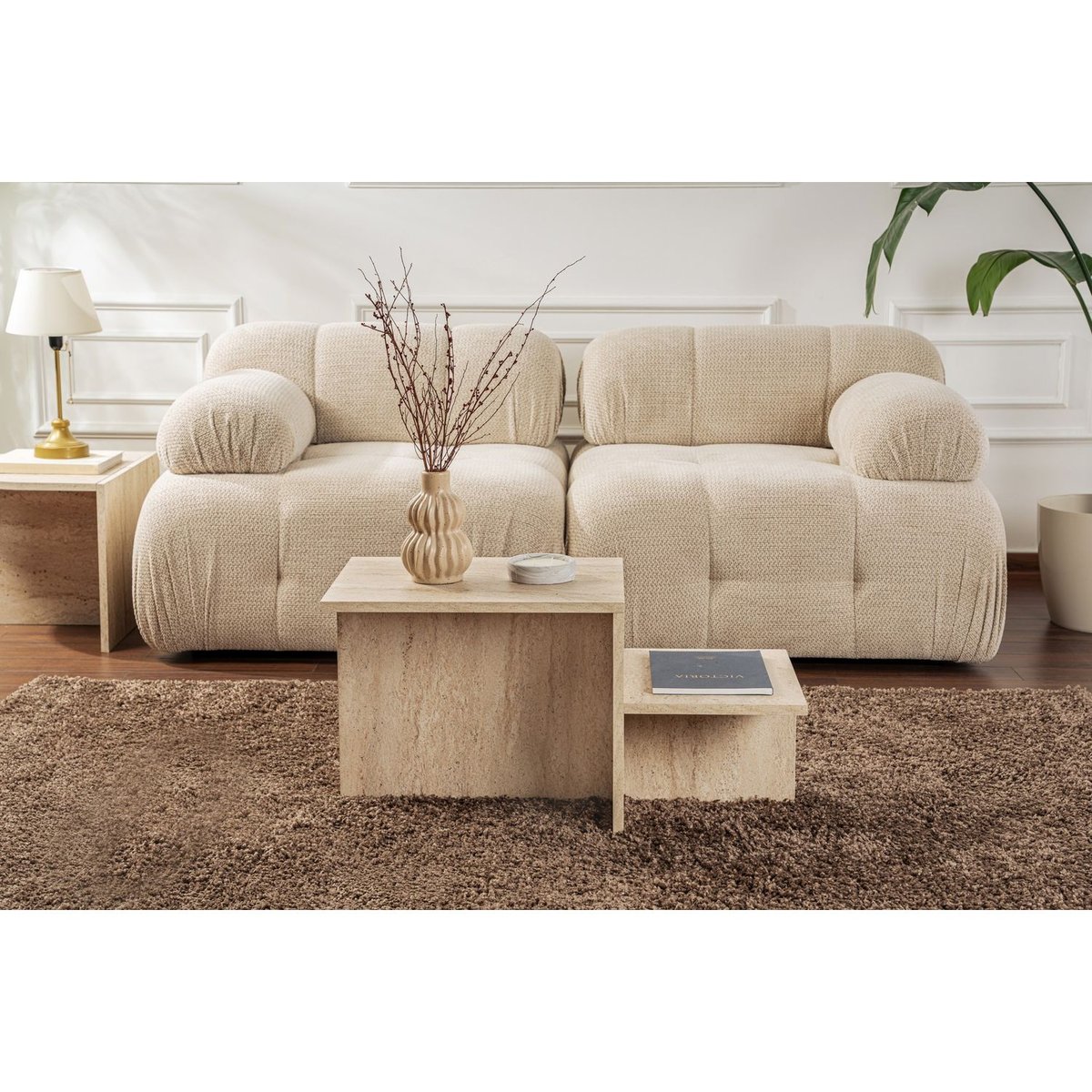 Table basse 2 niveaux effet travertin HARMONY beige, TOILINUX