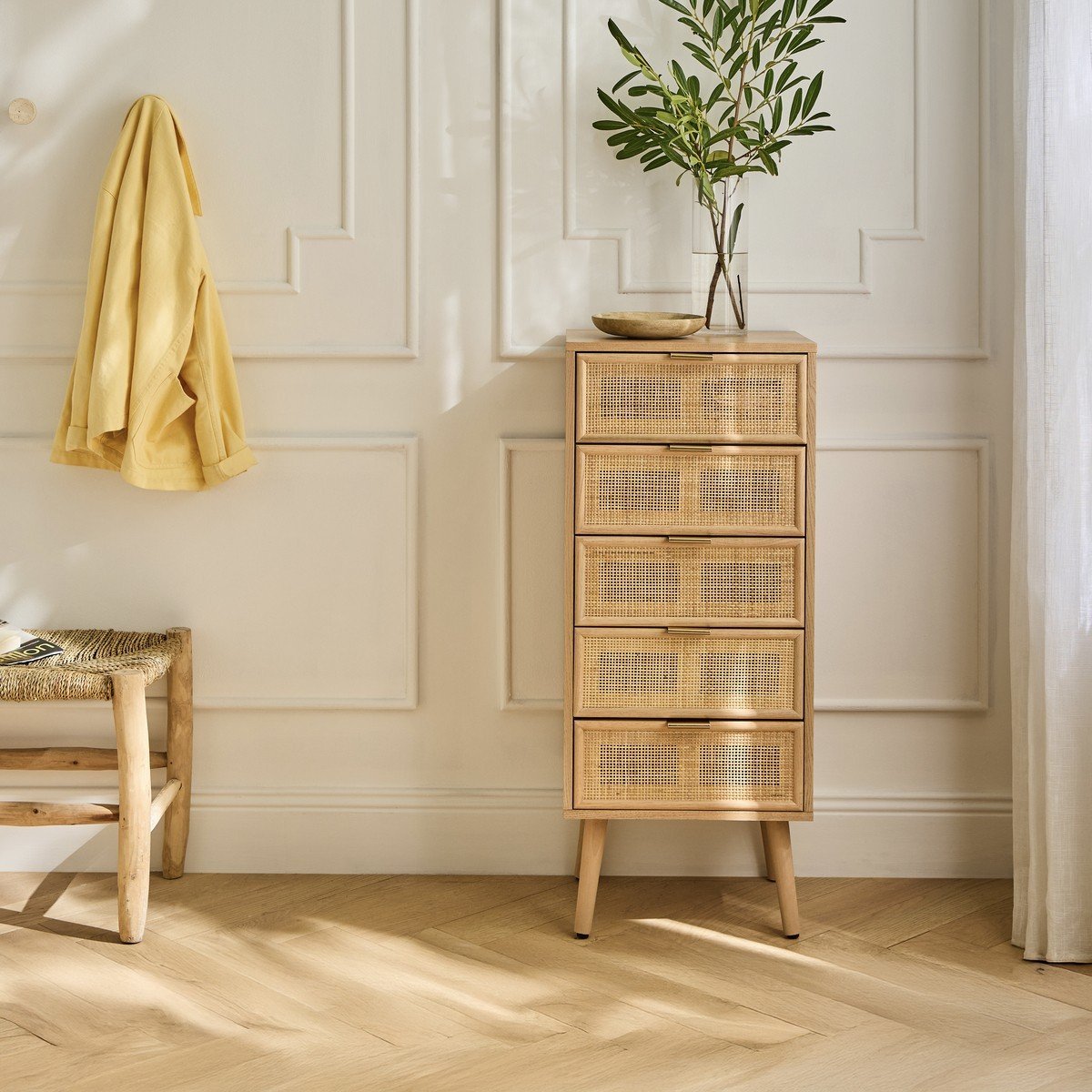 Chiffonnier 5 tiroirs façades en rotin naturel - L36.5 x H100.5 cm - MIYA bois clair, CALICOSY