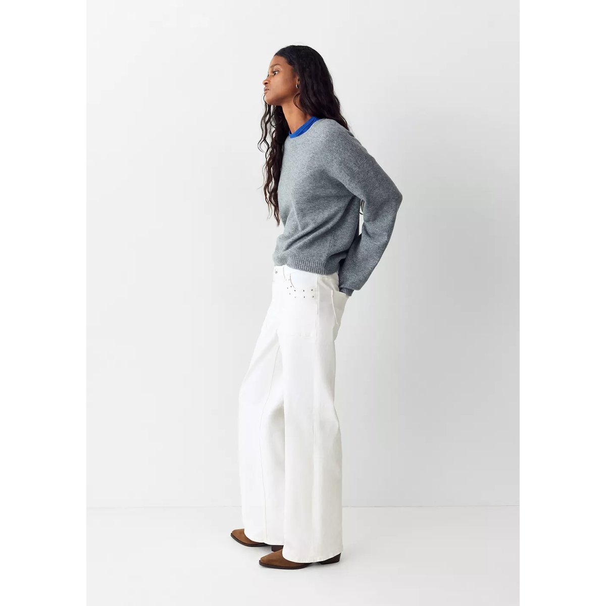 Jean taille basse à clous blanc cassé, MANGO TEEN