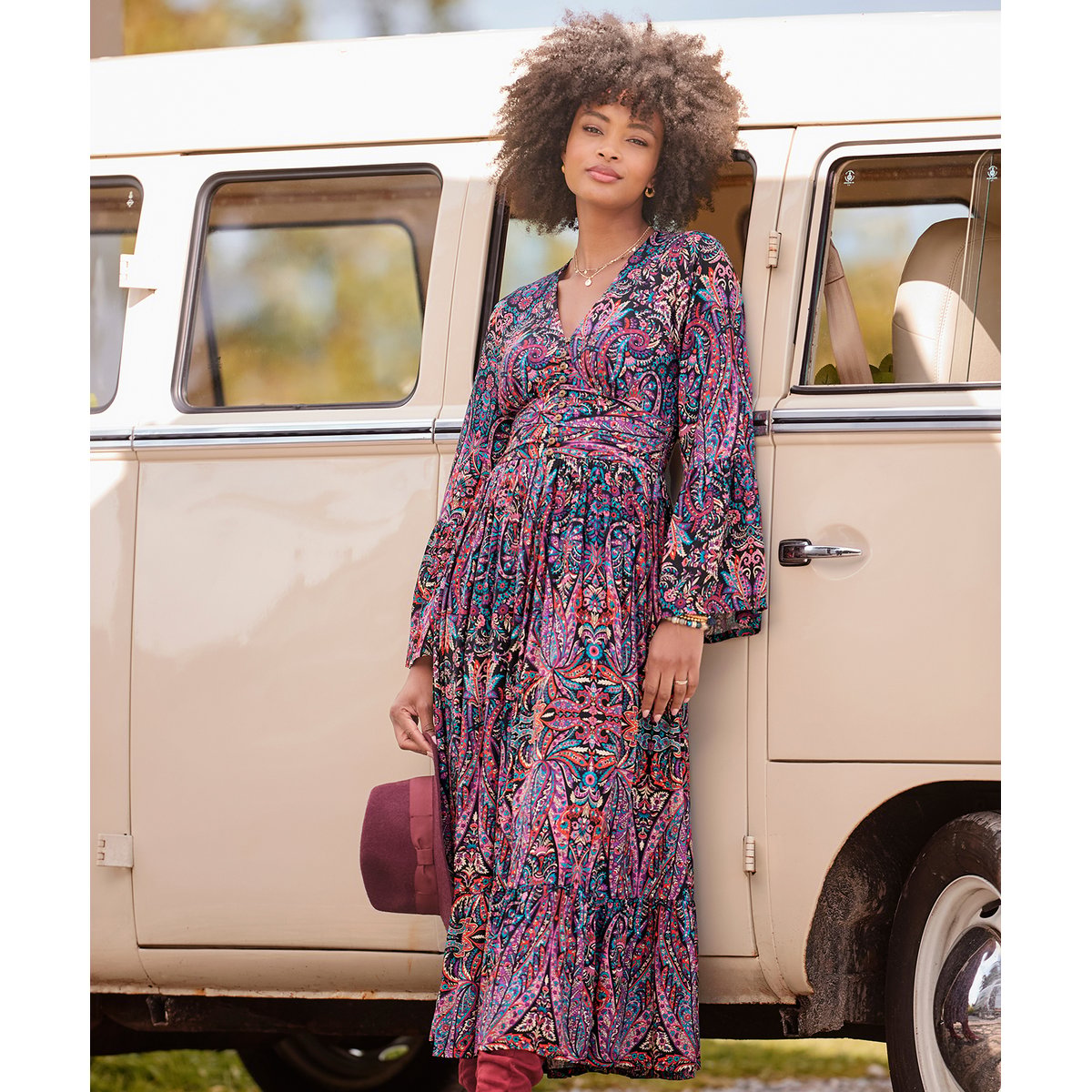 Robe Longue à Manches Longues Motif Cachemire noir, JOE BROWNS