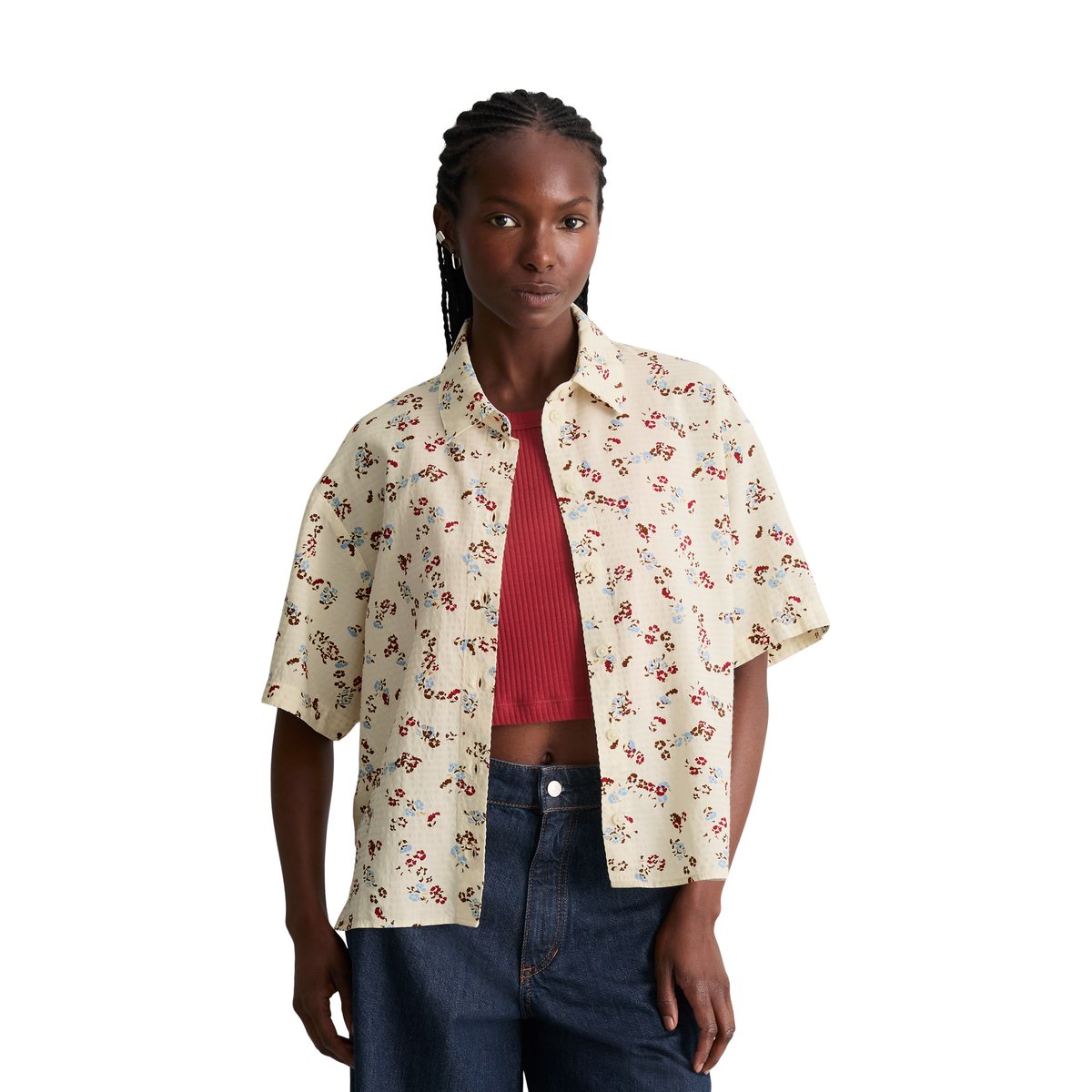 Blouse à manches courtes imprimée relaxed en mélange de coton LENZING™ ECOVERO™ blanc, MARC O’POLO DENIM