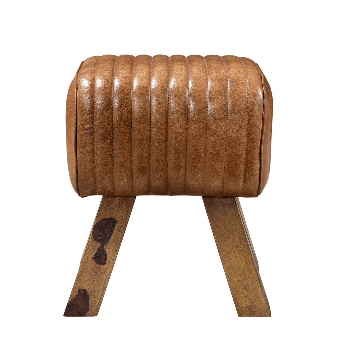 Tabouret en cuir de manguier - MORENA marron vieilli et pieds bois, MAISON PAVANE