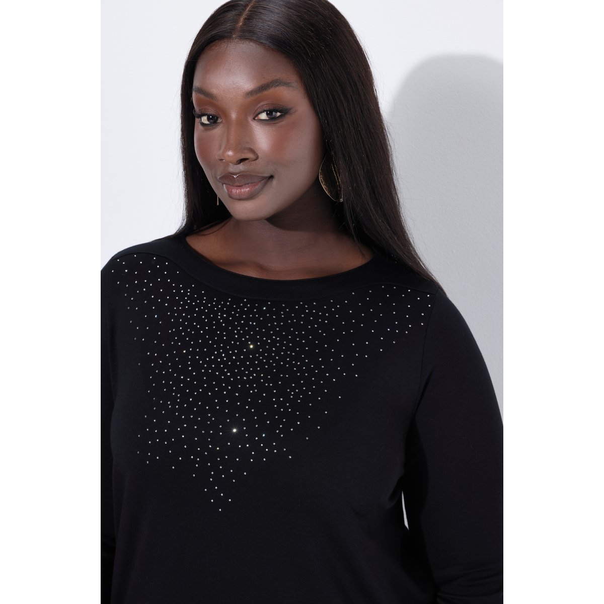 T-shirt en coton Pima. Petits strass. noir, ULLA POPKEN