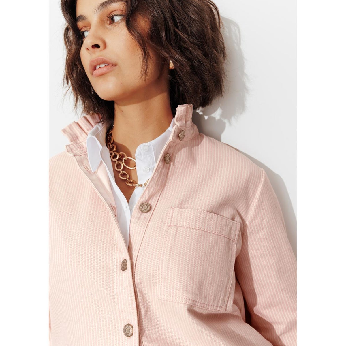 Surchemise à col frou-frou rayé rose, PROMOD