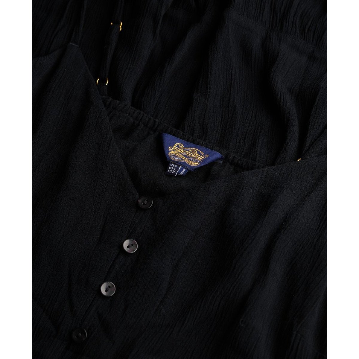 Robe mi-longue semi-boutonnée à volants noir, SUPERDRY