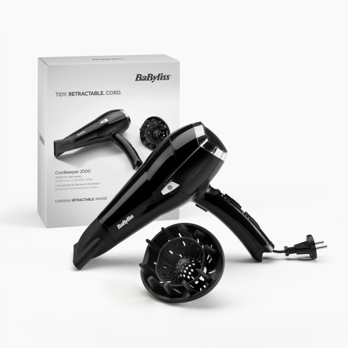 Sèche cheveux CordKeeper 2000 D374DE noir et gris, BABYLISS