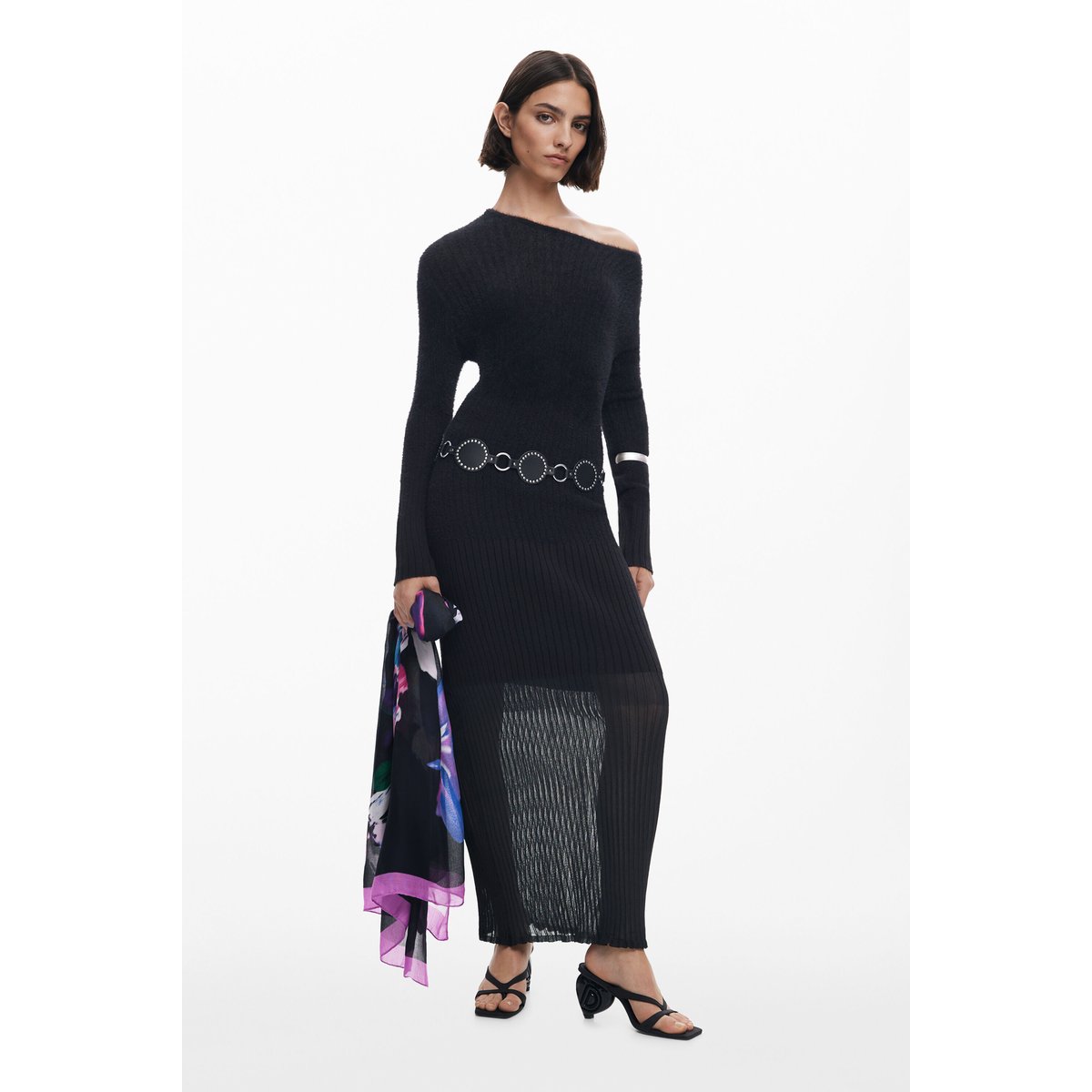 Foulard rectangulaire à fleurs noir, DESIGUAL