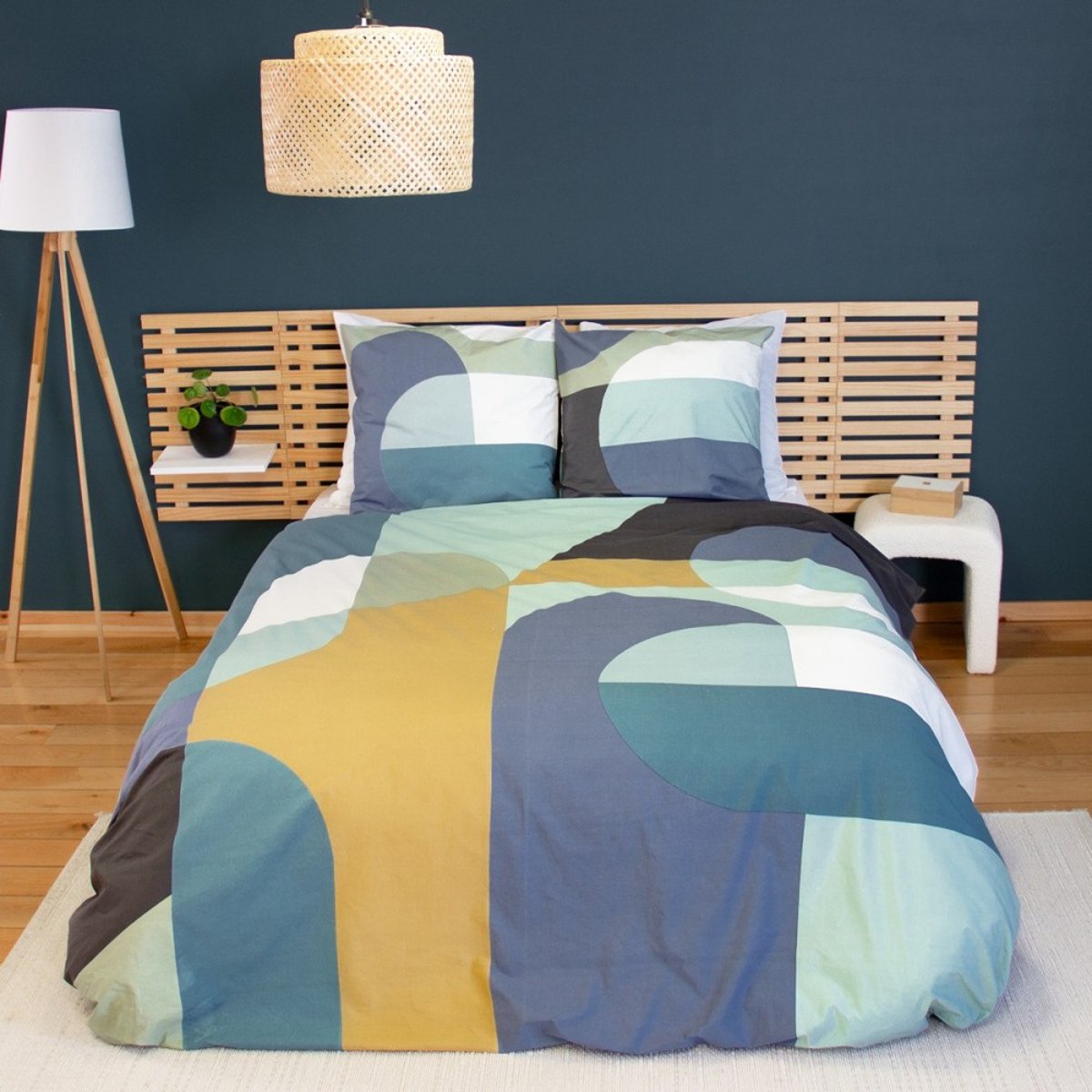 Housse de couette 240x220 JOELE + 2 taies 100% coton 57 fils/2 bleu, DECORATIE