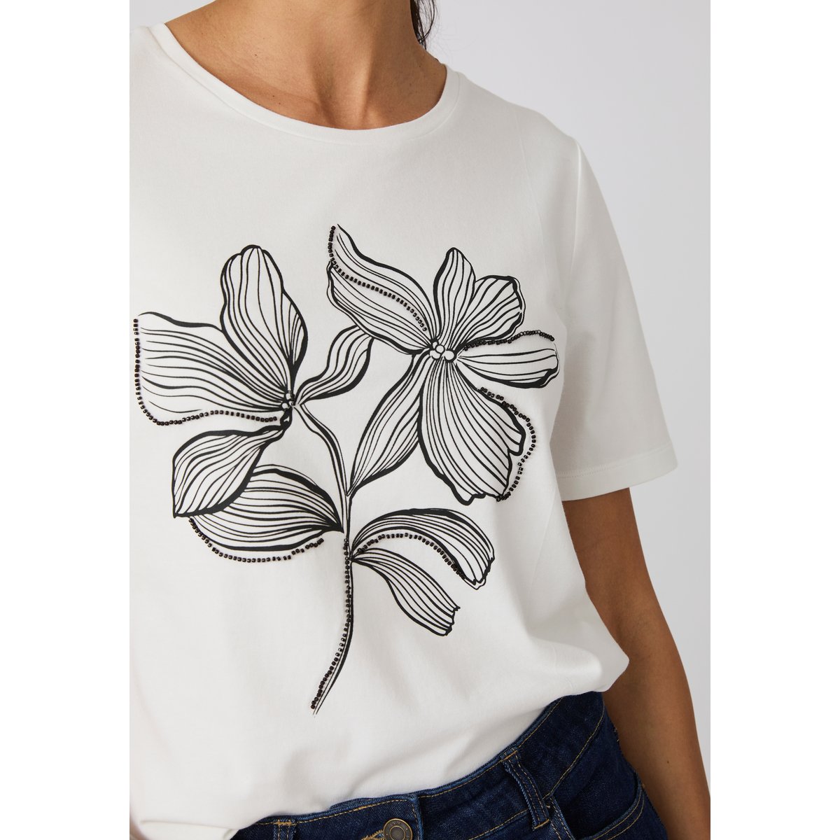 T-shirt motif imprimé avec perles fantaisie blanc cassé, DAMART