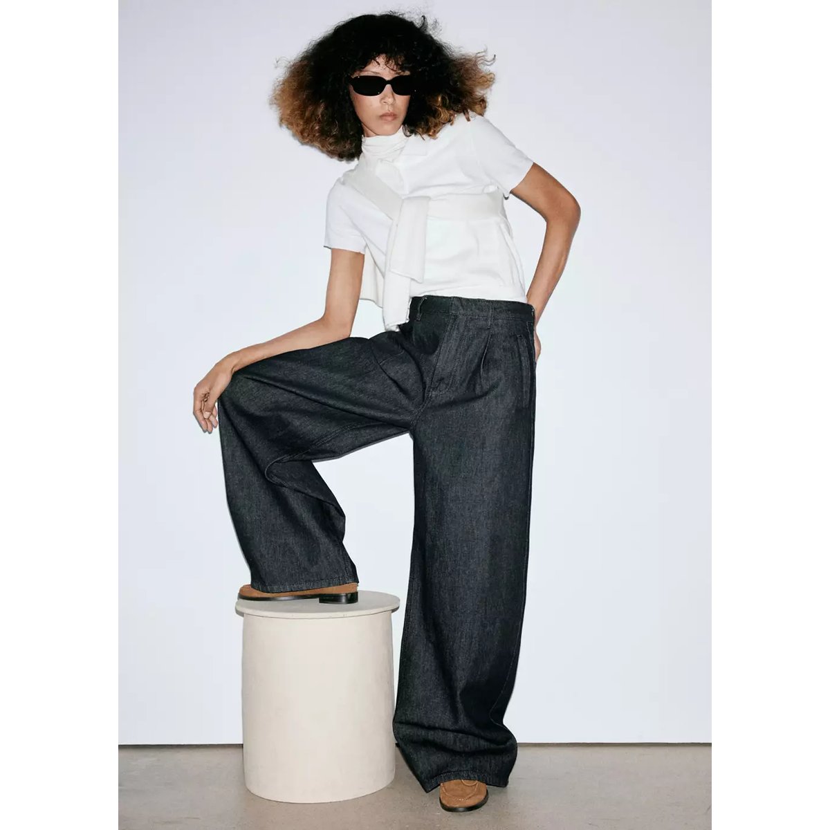 Pantalon denim barrel noir, MANGO