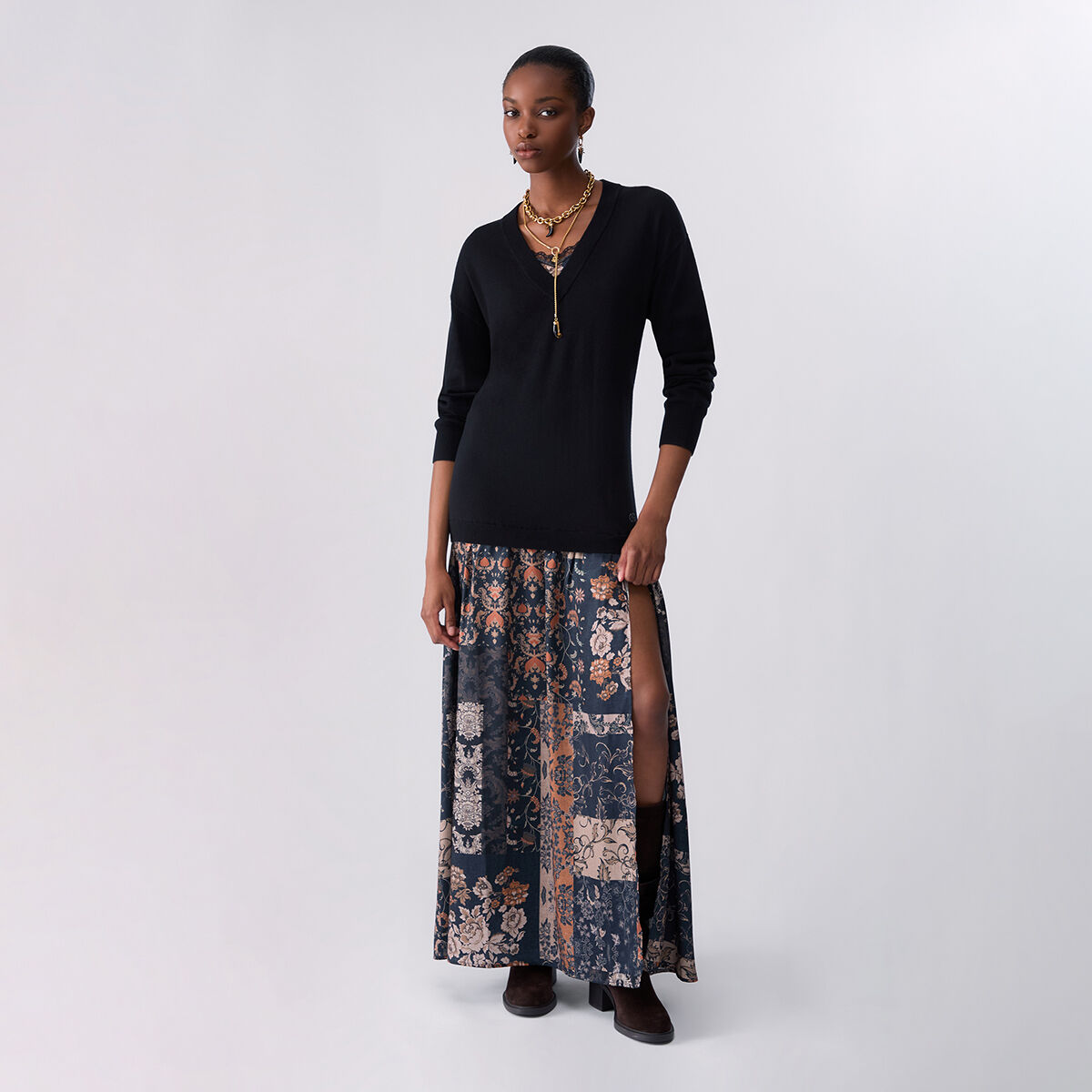 Robe longue en mélange de laine noir et beige, LIU JO