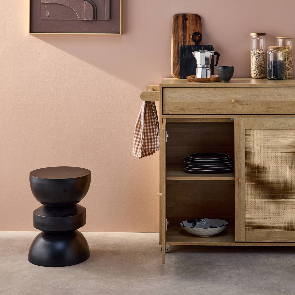 Desserte de cuisine décor bois et cannage 1 poignée 1 tiroir 2 portes BOHÈME naturel, SWEEEK