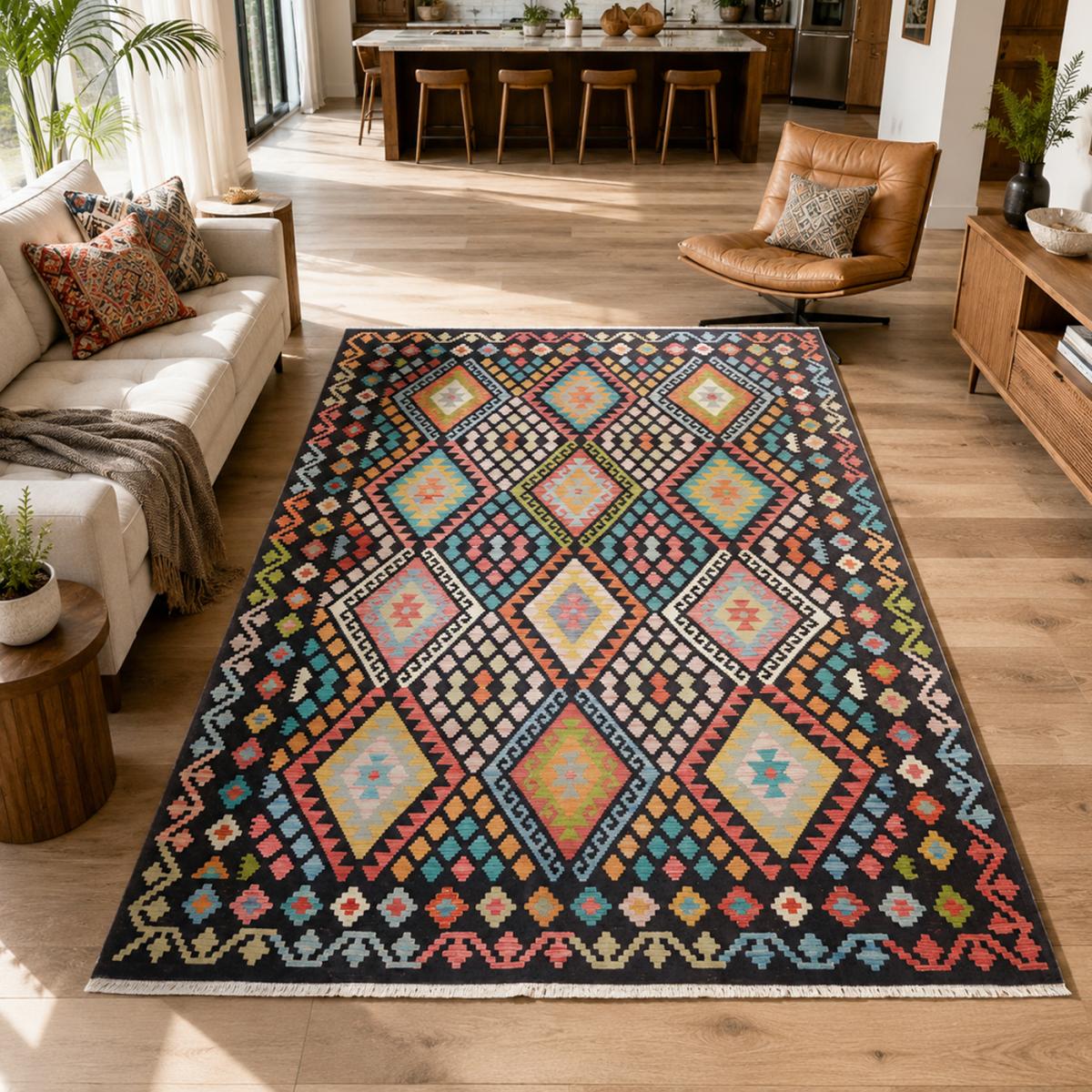 Tapis kilim au motif ethnique, tissé plat artisanal, KILIM 34 multicolore, noir, orange, UN AMOUR DE TAPIS