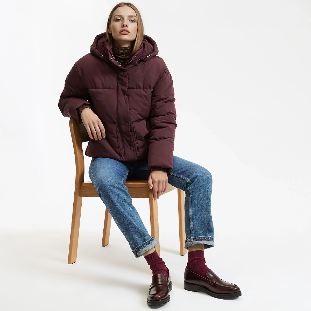Doudoune courte à capuche rouge bordeaux, LA REDOUTE COLLECTIONS