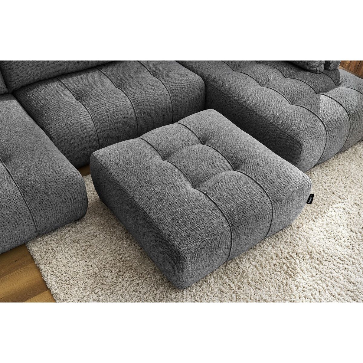 Canapé panoramique convertible 6 places en tissu chiné avec pouf, ARSENE gris foncé, BOBOCHIC