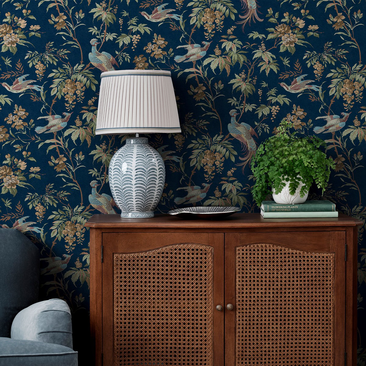Papier peint Oiseaux majestueux bleu, vert, ocre, LAURA ASHLEY
