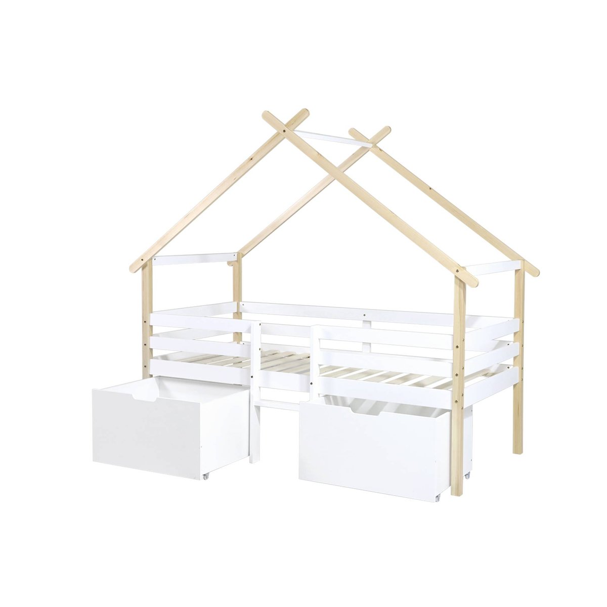 Lit cabane enfant 90 x 190 cm bois de pin sommier à lattes inclus et 2 tiroirs SIENNA blanc, SWEEEK