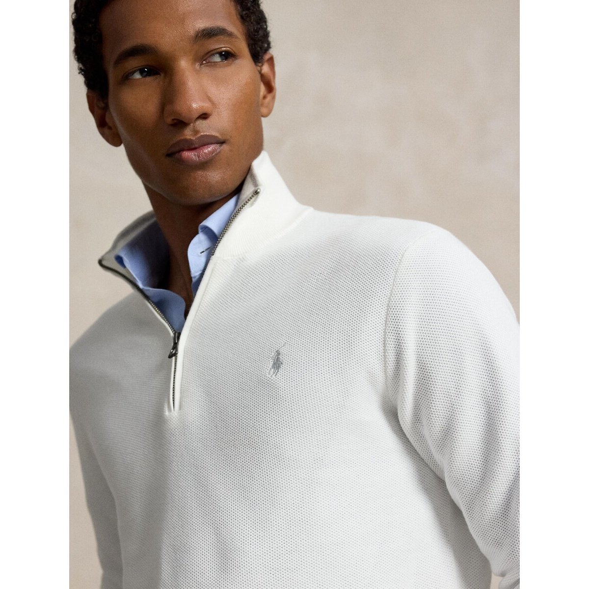 Camisola com meio fecho em piqué de algodão branco, POLO RALPH LAUREN