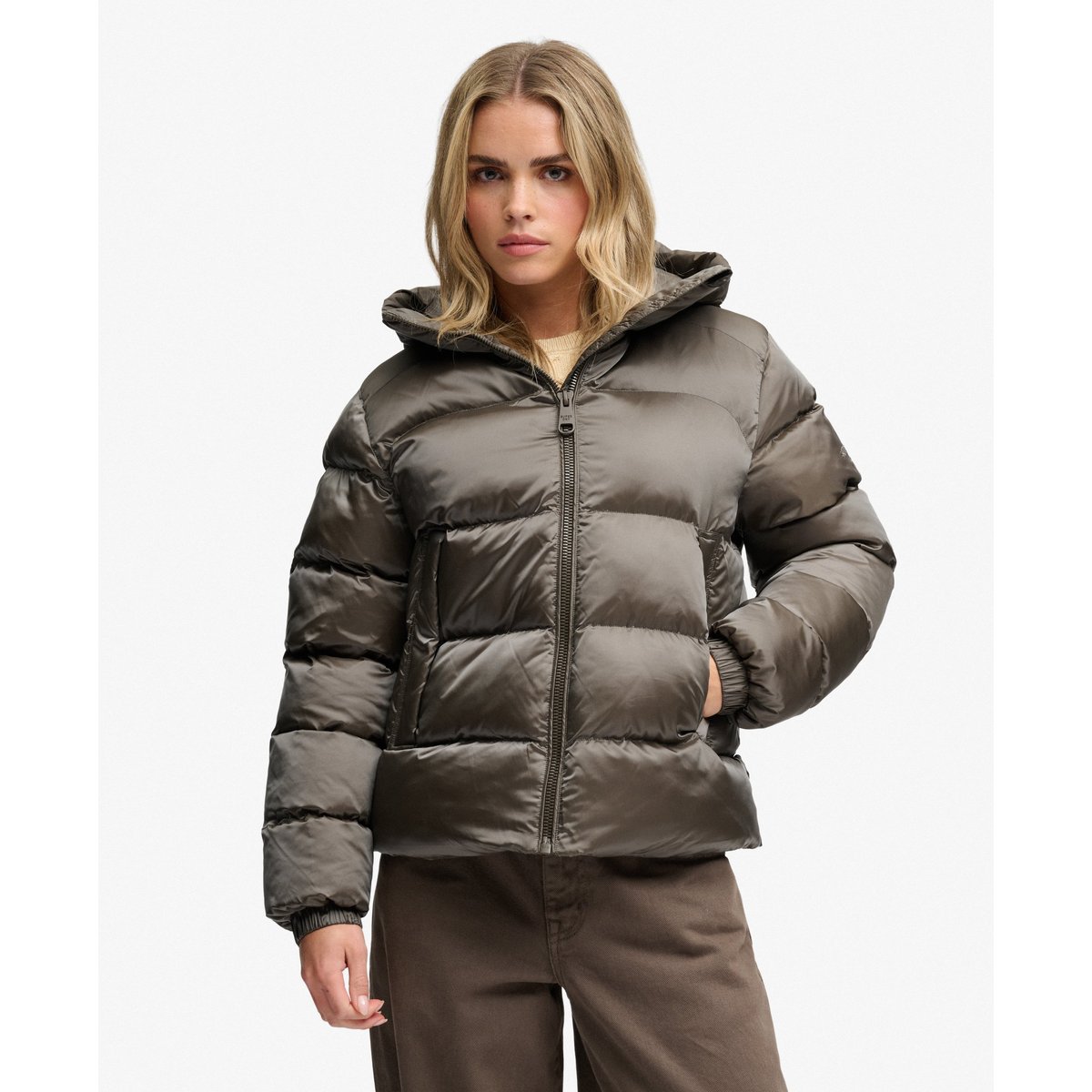 Doudoune à Capuche Brillante Coupe Ajustée kaki foncé, SUPERDRY