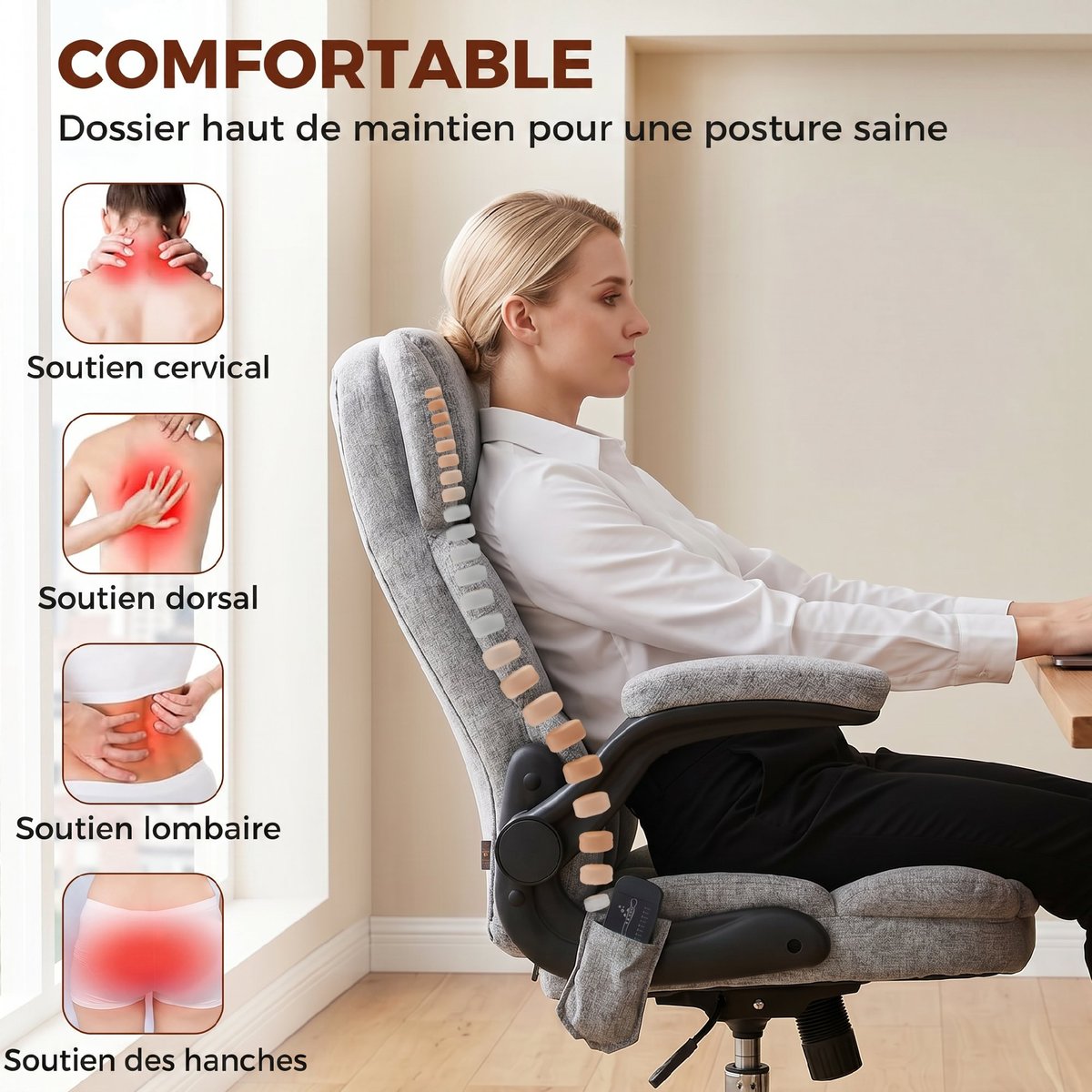 Fauteuil de bureau avec fonction massage gris, HOMCOM