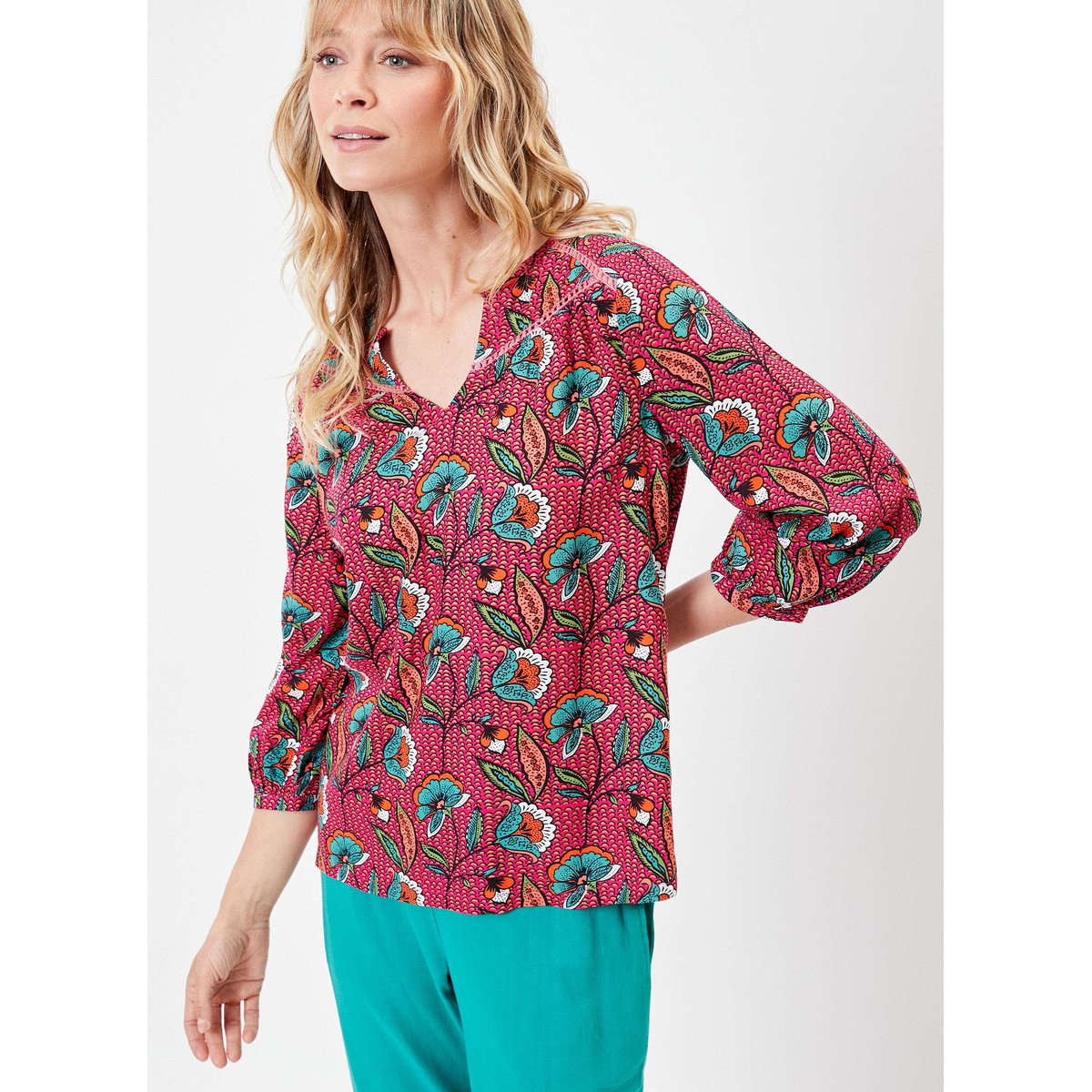 Blouse fleurie ample fluide Ecovero SKALAR rose framboise, LA FIANCÉE