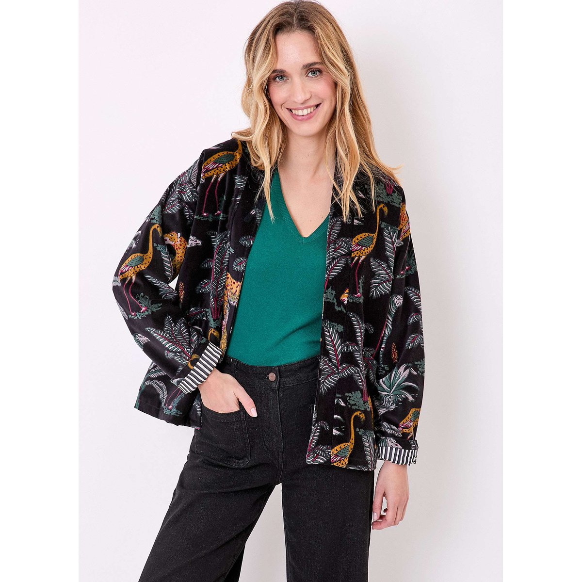 Veste Kimono velours imprimé indien DHARMA noir doré, LA FIANCÉE