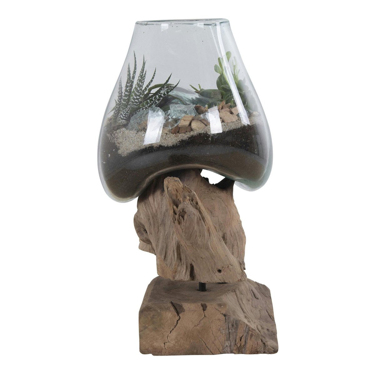 Vase verre soufflé et racine teck, artisanal H 25 cm ARIZONA bois naturel, PIER IMPORT
