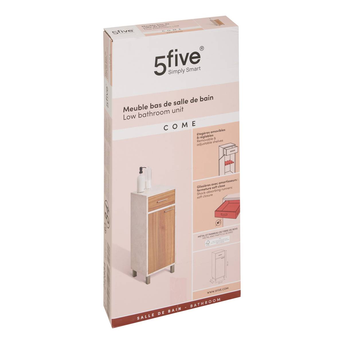 Meuble bas 1 porte et 1 tiroir effet marbre COME marron, 5FIVE SIMPLY SMART