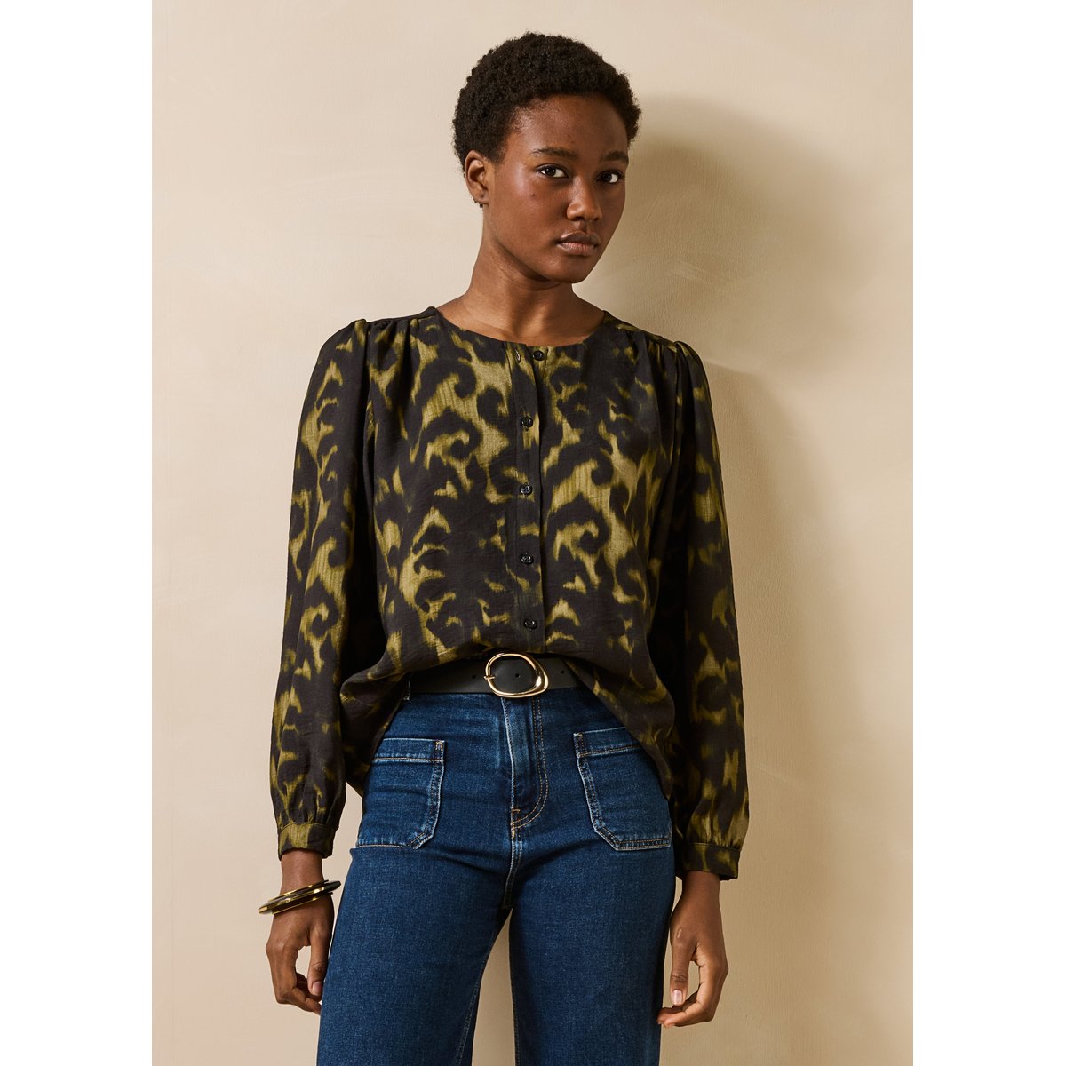 Chemise manches longues imprimée encolure ronde kaki, LA FEE MARABOUTEE