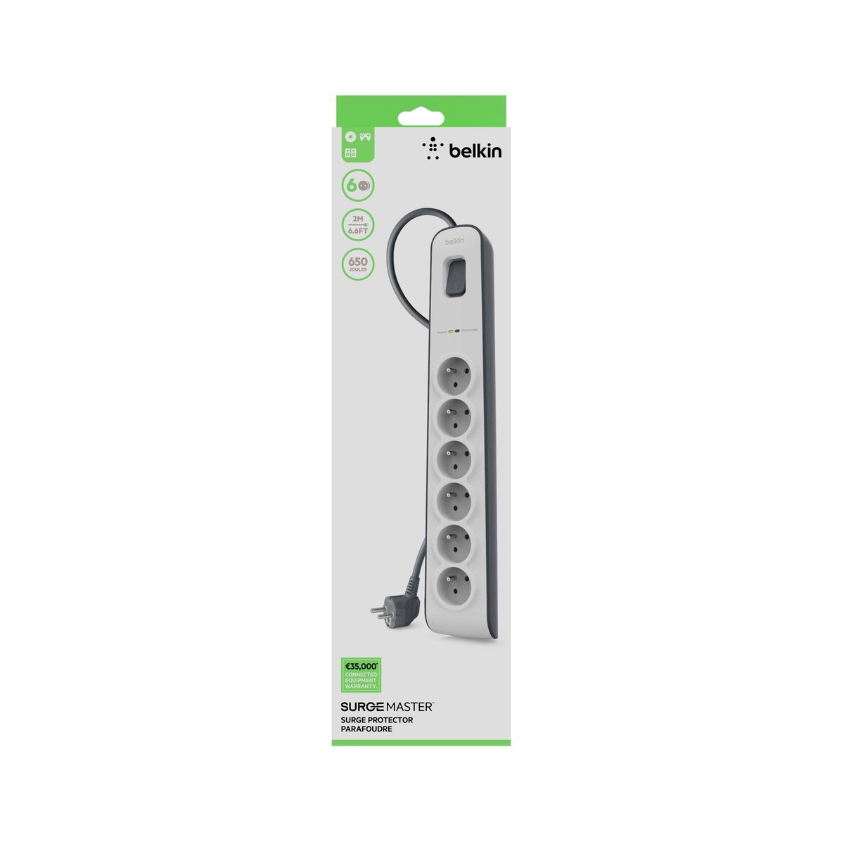 Parafoudre 6 prises parafoudres + cable 2m couleur unique, BELKIN