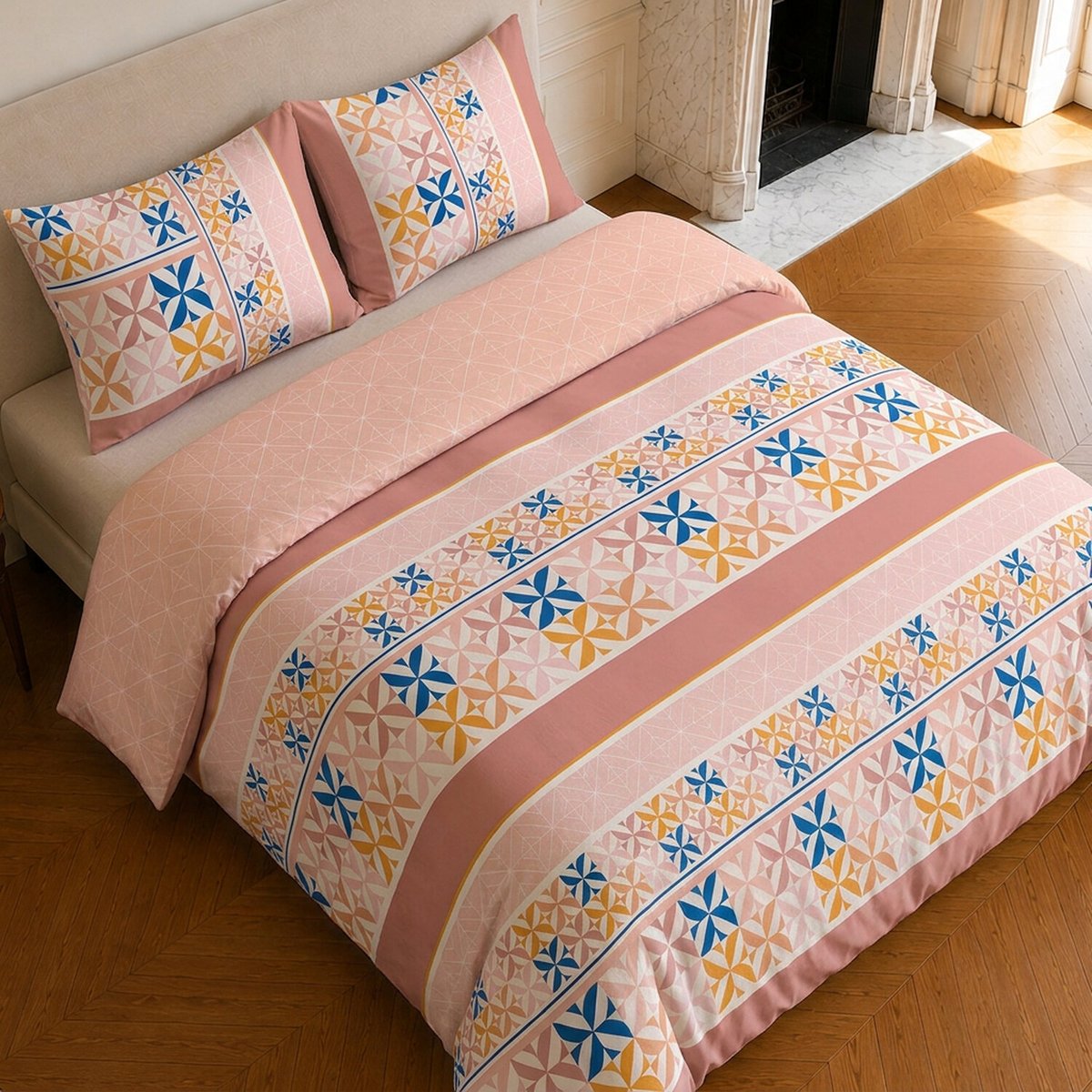 Parure de lit en microfibre motif géométrique, BLUEBERRY rose, C DESIGN HOME TEXTILE