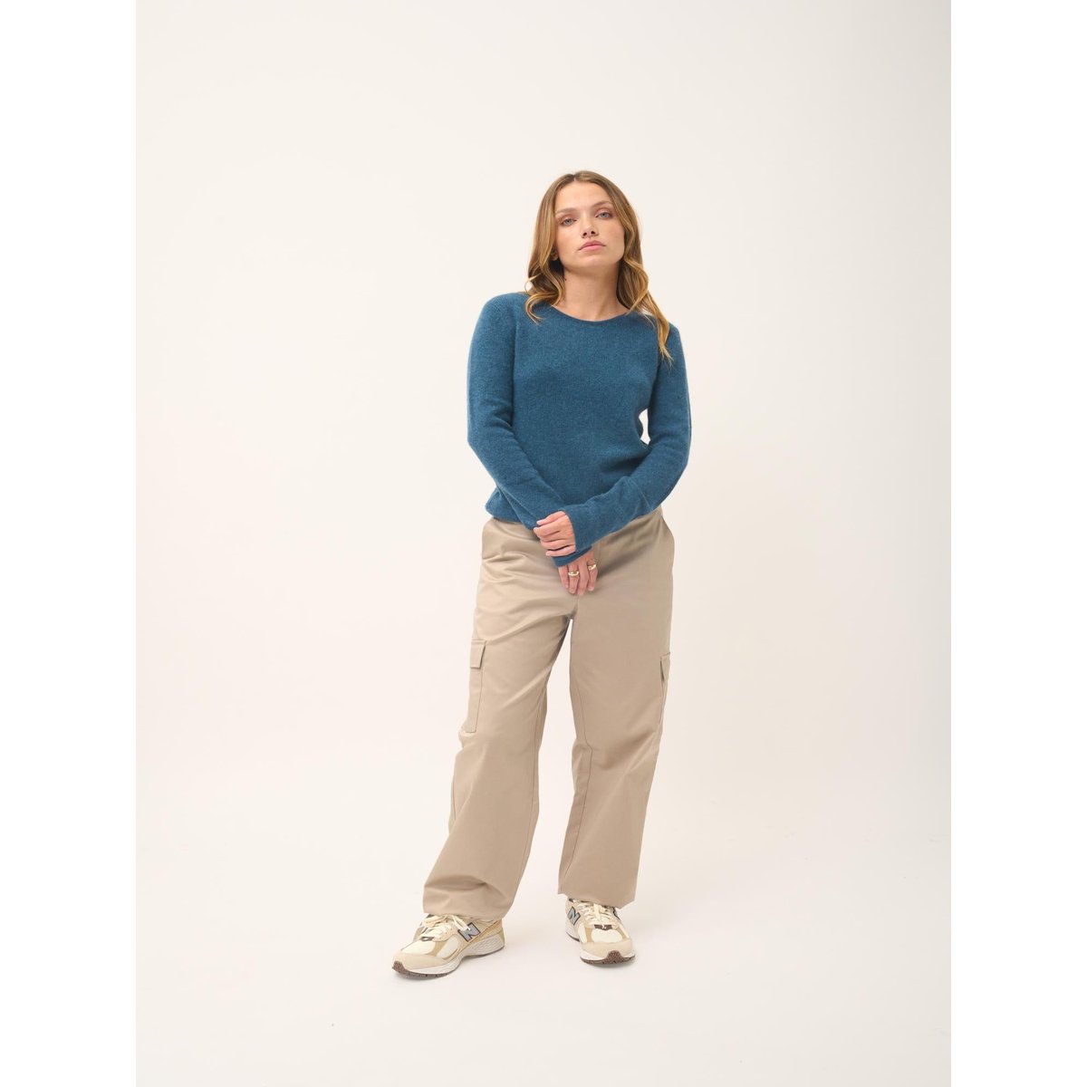 Pull Col Rond 4 Fils Vert Canard Chiné Joyce bleu foncé, JUST CASHMERE