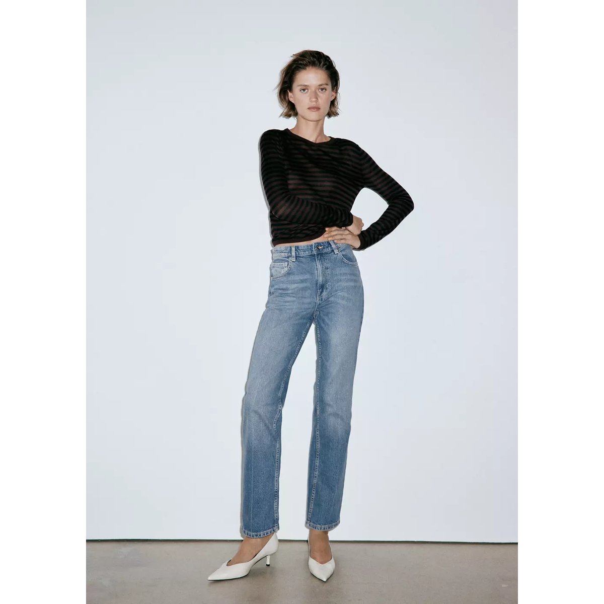 Jean droit taille haute bleu moyen, MANGO
