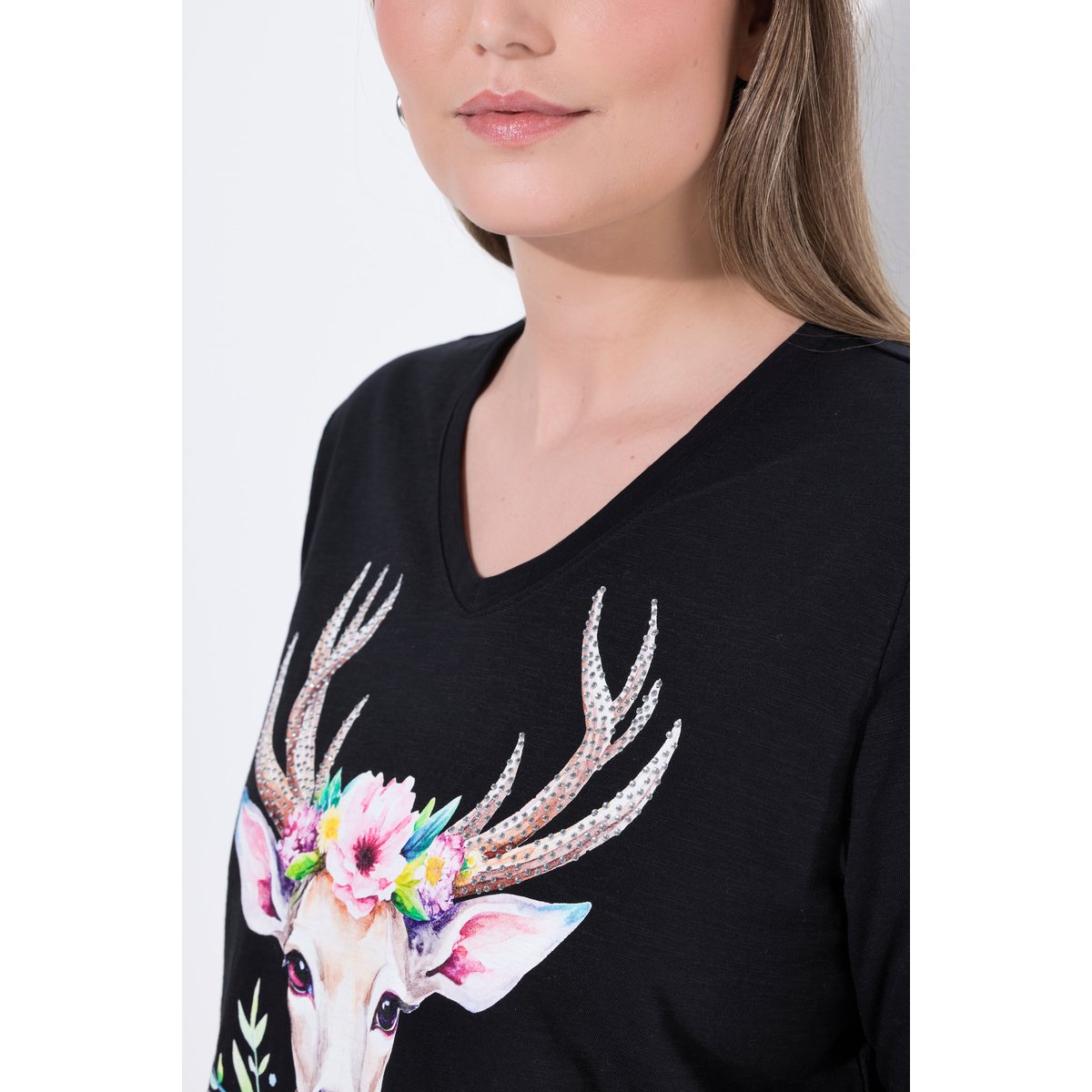 T-shirt à coupe classique, col V noir, ULLA POPKEN