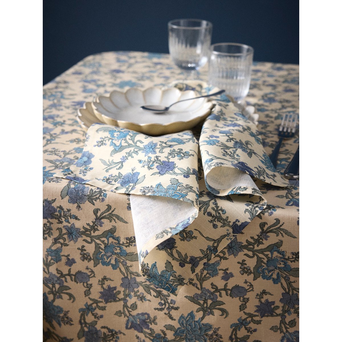 Serviette de table Aurore coton tramé aspect lin par lot de 4 bleu ombre, CYRILLUS